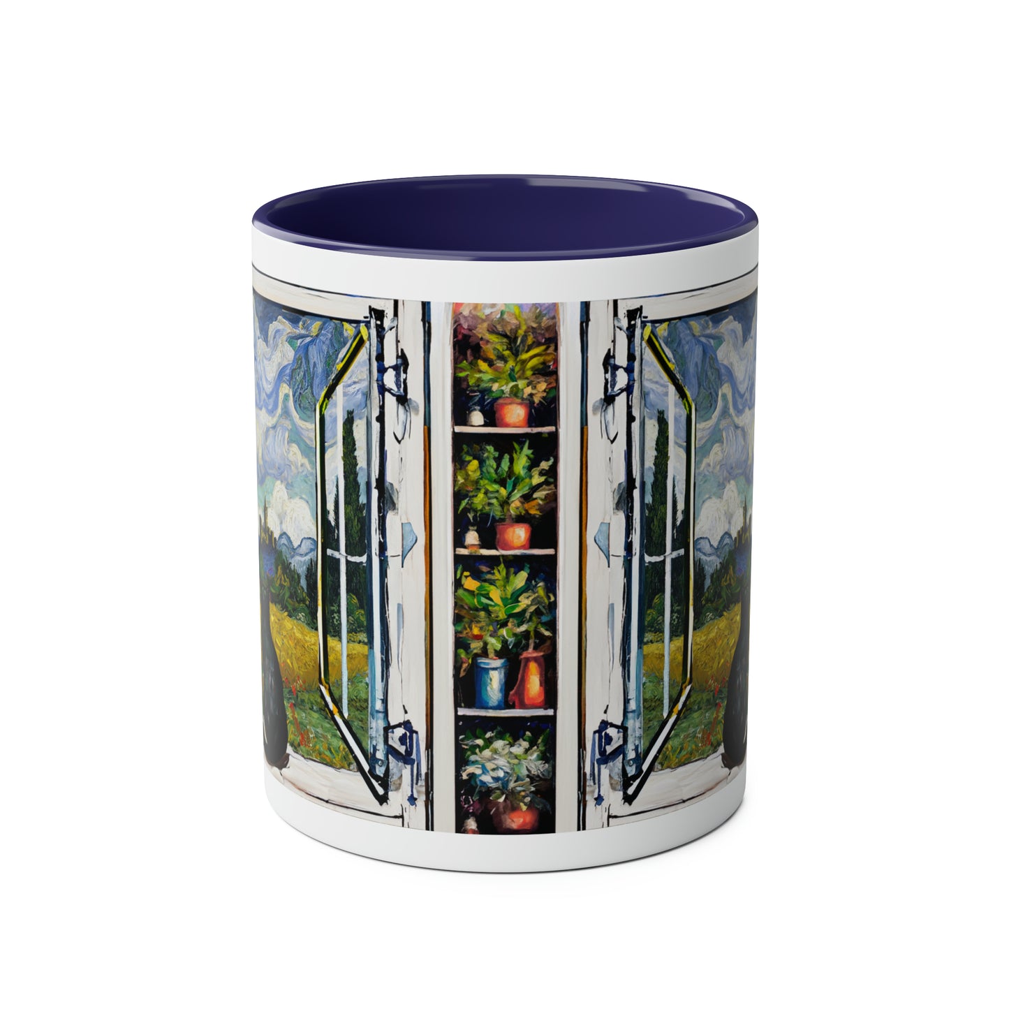 Van Gogh's Wheat Field with Cypresses (1889) - Cat with castle ruin Fine Art Print Two-Tone Coffee Mugs, 11oz