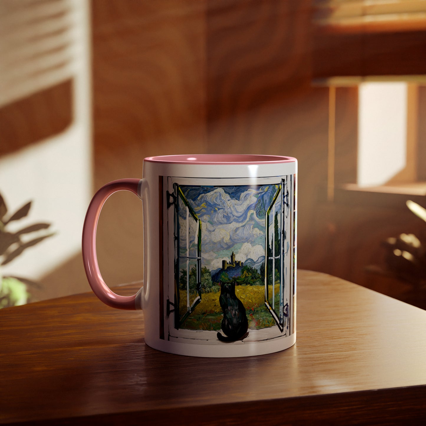 Van Gogh's Wheat Field with Cypresses (1889) - Cat with castle ruin Fine Art Print Two-Tone Coffee Mugs, 11oz