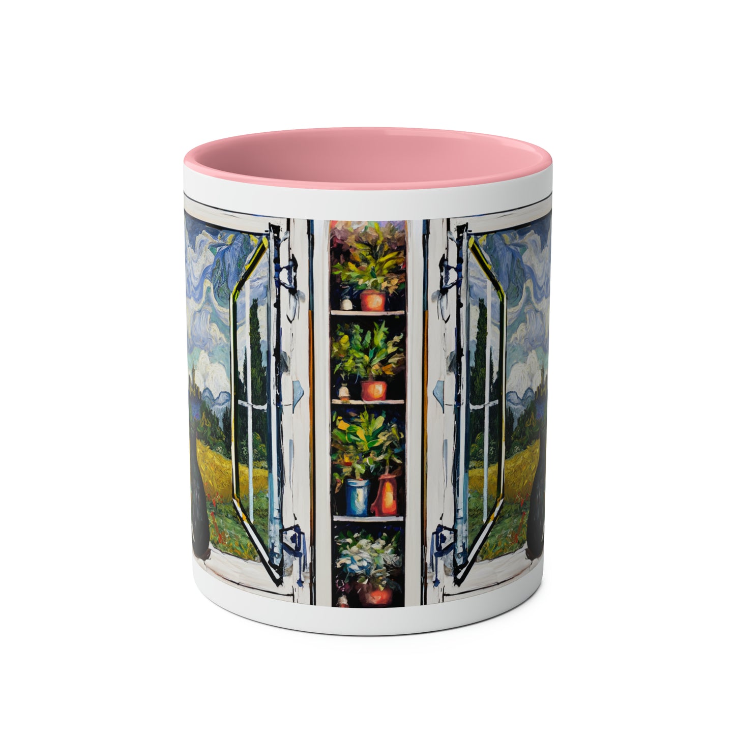 Van Gogh's Wheat Field with Cypresses (1889) - Cat with castle ruin Fine Art Print Two-Tone Coffee Mugs, 11oz