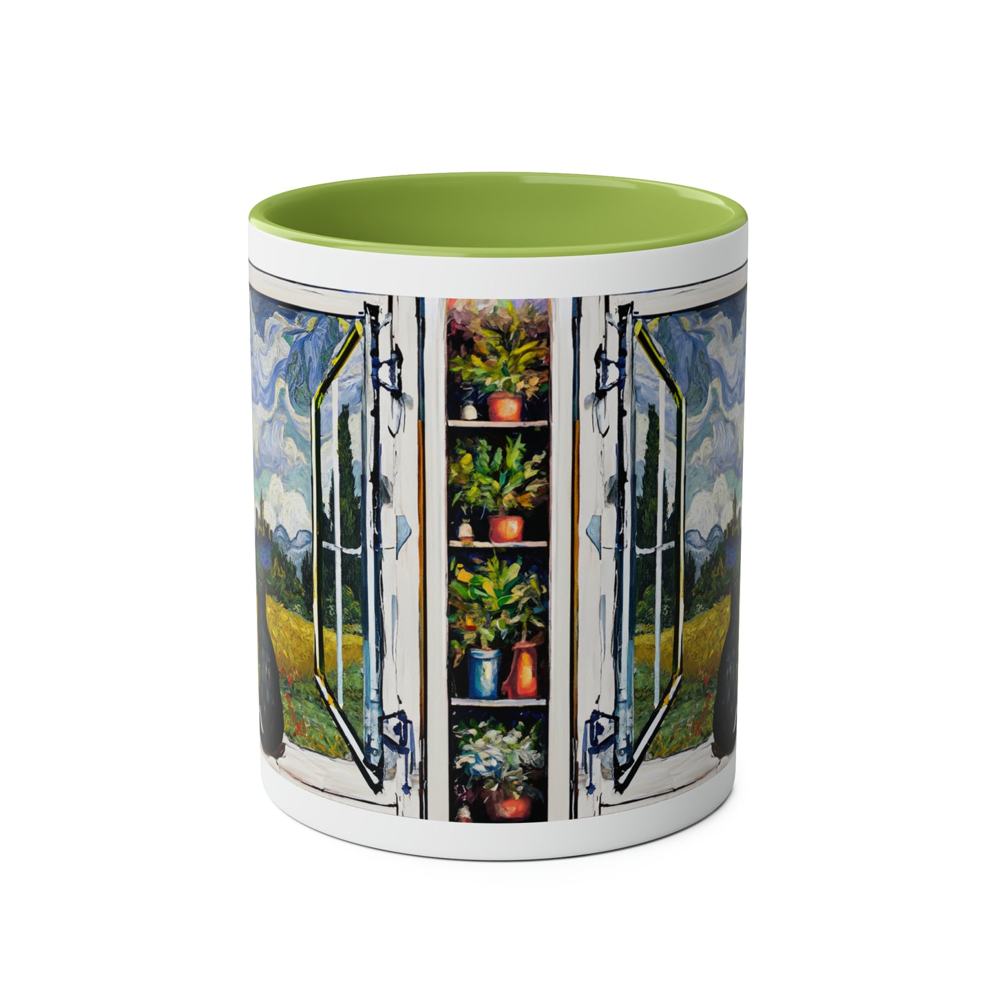 Van Gogh's Wheat Field with Cypresses (1889) - Cat with castle ruin Fine Art Print Two-Tone Coffee Mugs, 11oz