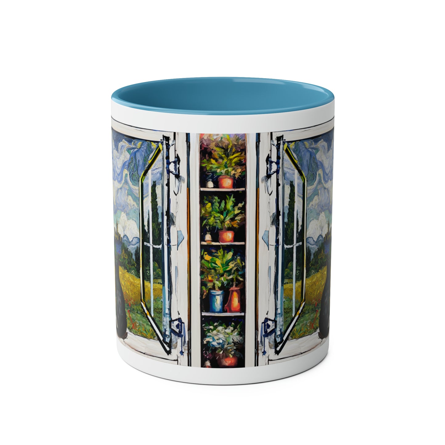 Van Gogh's Wheat Field with Cypresses (1889) - Cat with castle ruin Fine Art Print Two-Tone Coffee Mugs, 11oz