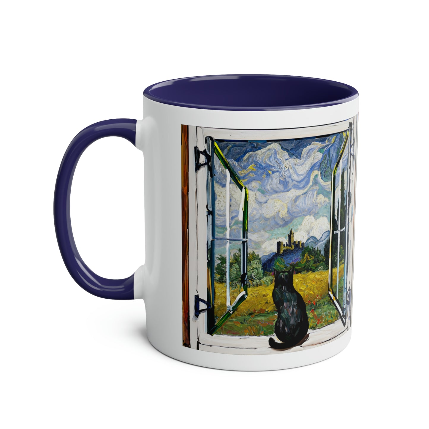 Van Gogh's Wheat Field with Cypresses (1889) - Cat with castle ruin Fine Art Print Two-Tone Coffee Mugs, 11oz