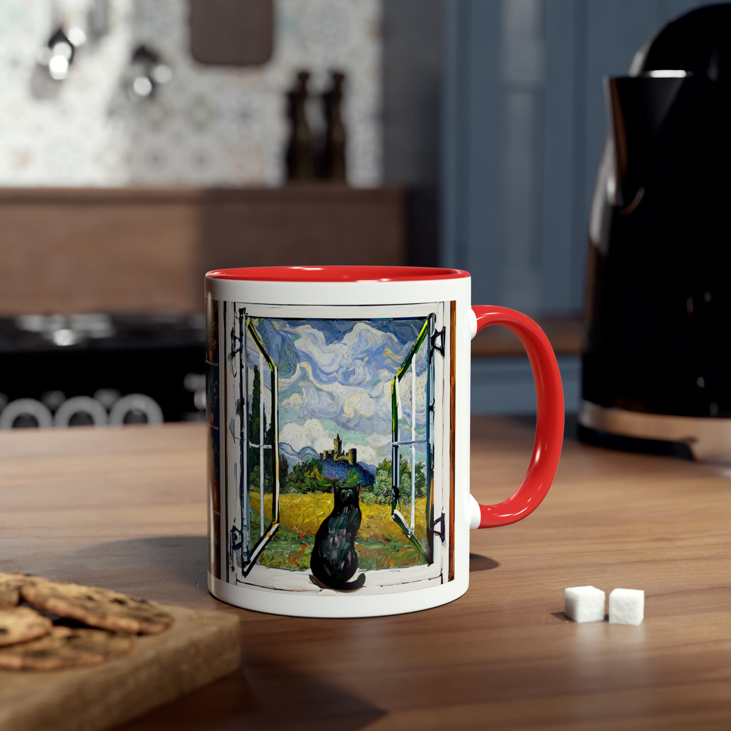 Van Gogh's Wheat Field with Cypresses (1889) - Cat with castle ruin Fine Art Print Two-Tone Coffee Mugs, 11oz