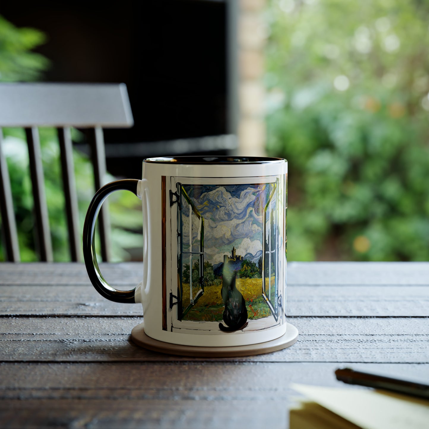 Van Gogh's Wheat Field with Cypresses (1889) - Cat with castle ruin Fine Art Print Two-Tone Coffee Mugs, 11oz