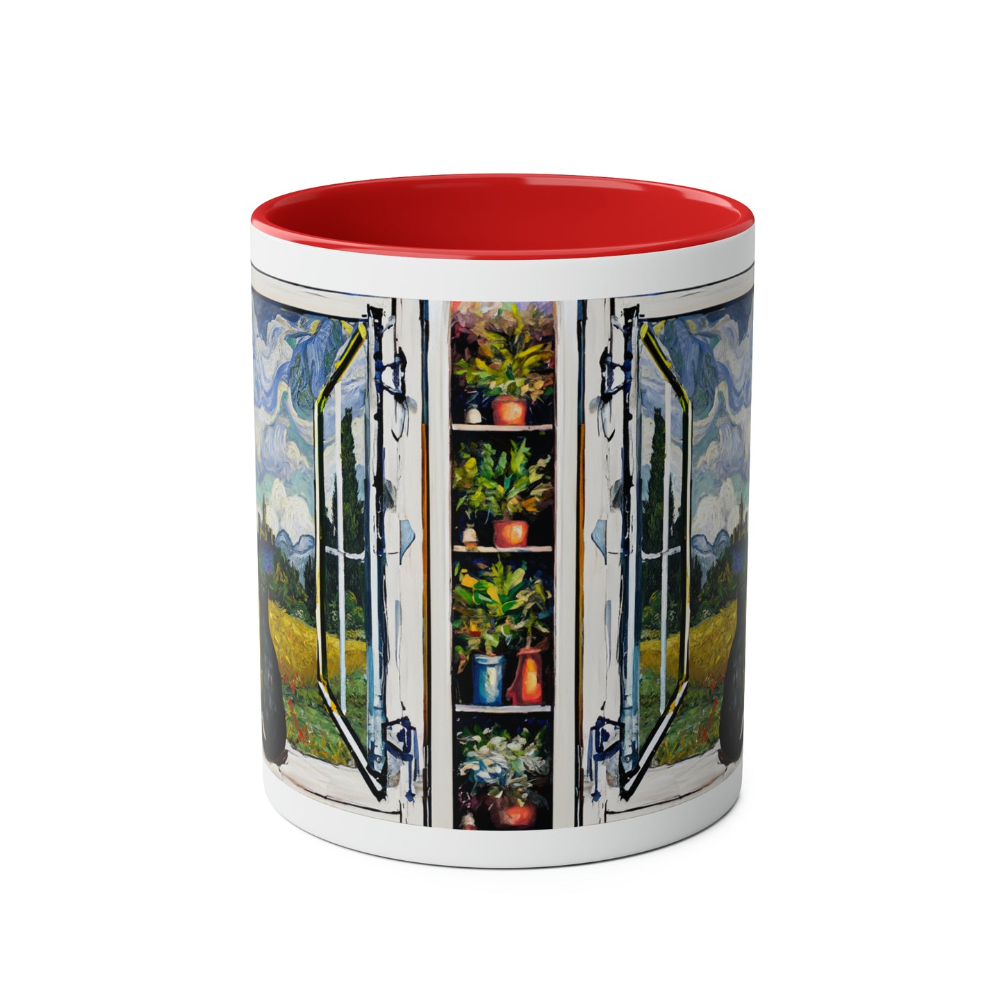 Van Gogh's Wheat Field with Cypresses (1889) - Cat with castle ruin Fine Art Print Two-Tone Coffee Mugs, 11oz
