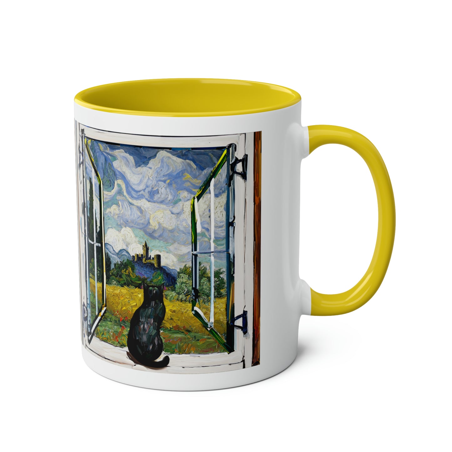 Van Gogh's Wheat Field with Cypresses (1889) - Cat with castle ruin Fine Art Print Two-Tone Coffee Mugs, 11oz