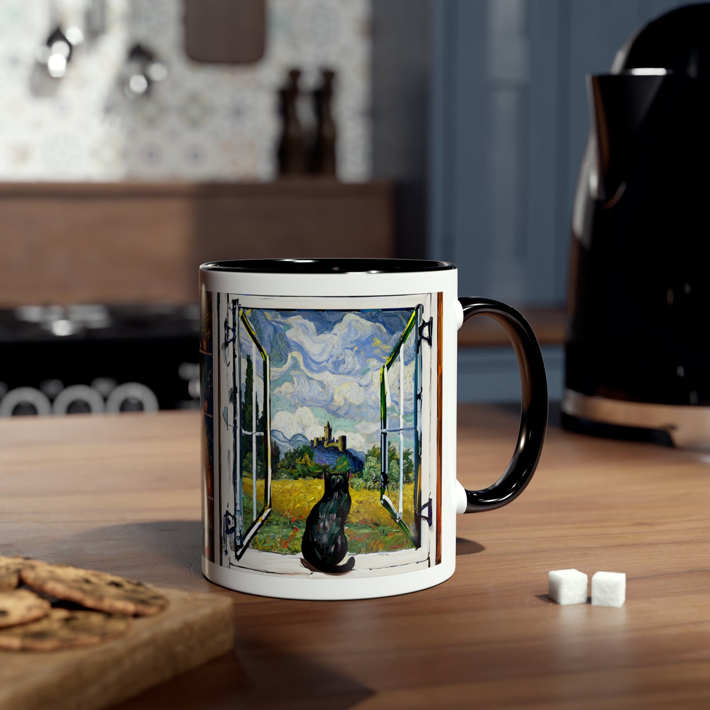 Van Gogh's Wheat Field with Cypresses (1889) - Cat with castle ruin Fine Art Print Two-Tone Coffee Mugs, 11oz