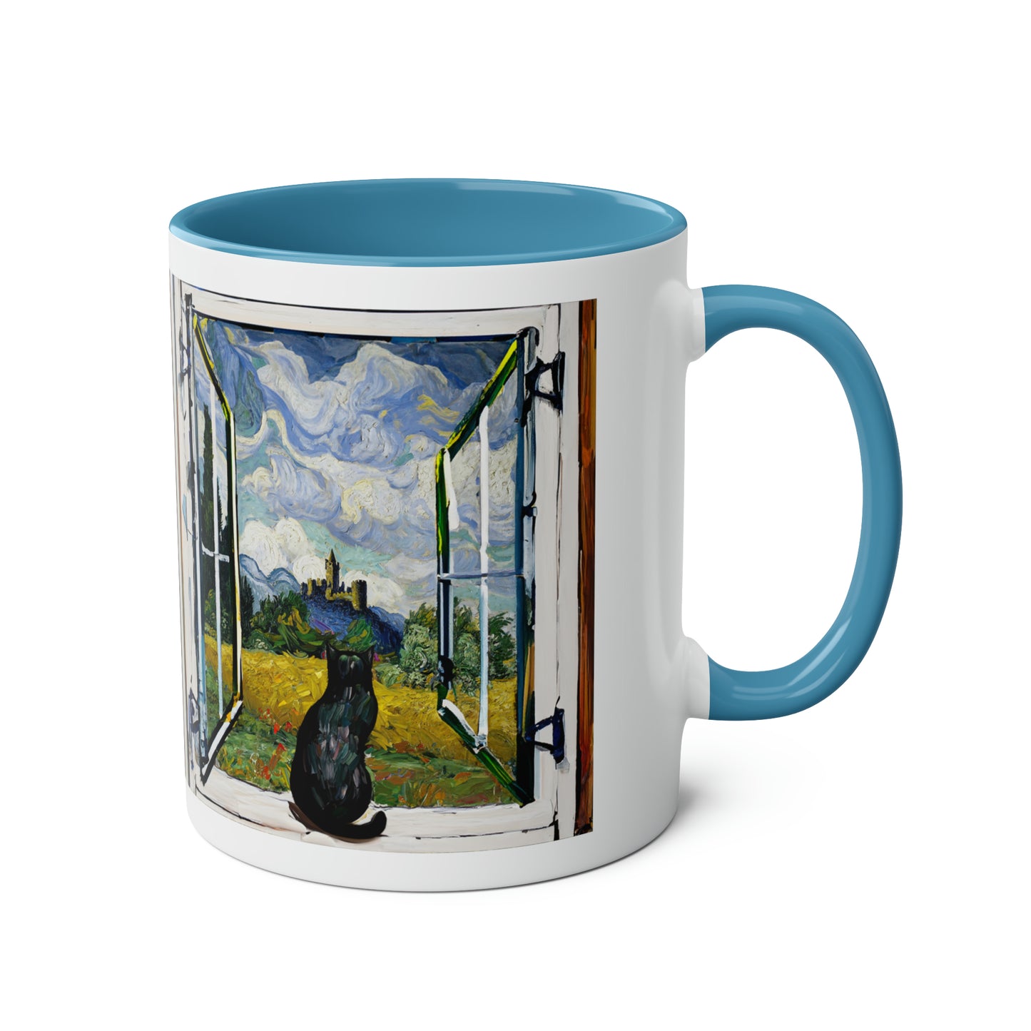 Van Gogh's Wheat Field with Cypresses (1889) - Cat with castle ruin Fine Art Print Two-Tone Coffee Mugs, 11oz
