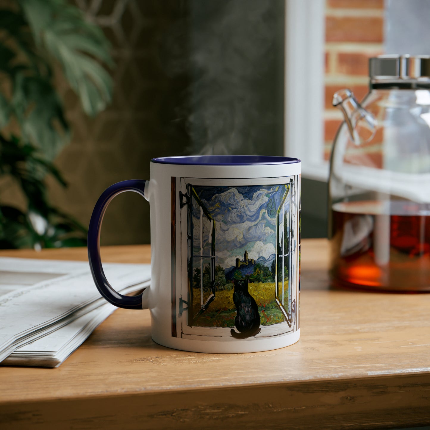 Van Gogh's Wheat Field with Cypresses (1889) - Cat with castle ruin Fine Art Print Two-Tone Coffee Mugs, 11oz
