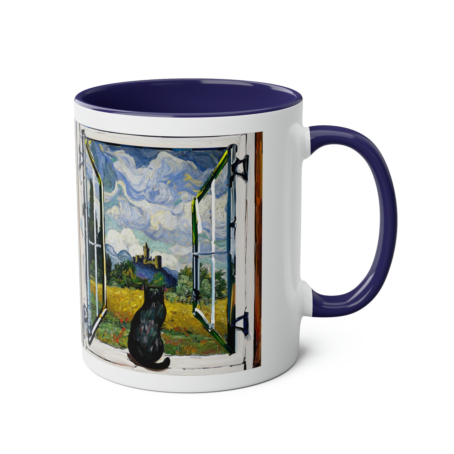 Van Gogh's Wheat Field with Cypresses (1889) - Cat with castle ruin Fine Art Print Two-Tone Coffee Mugs, 11oz