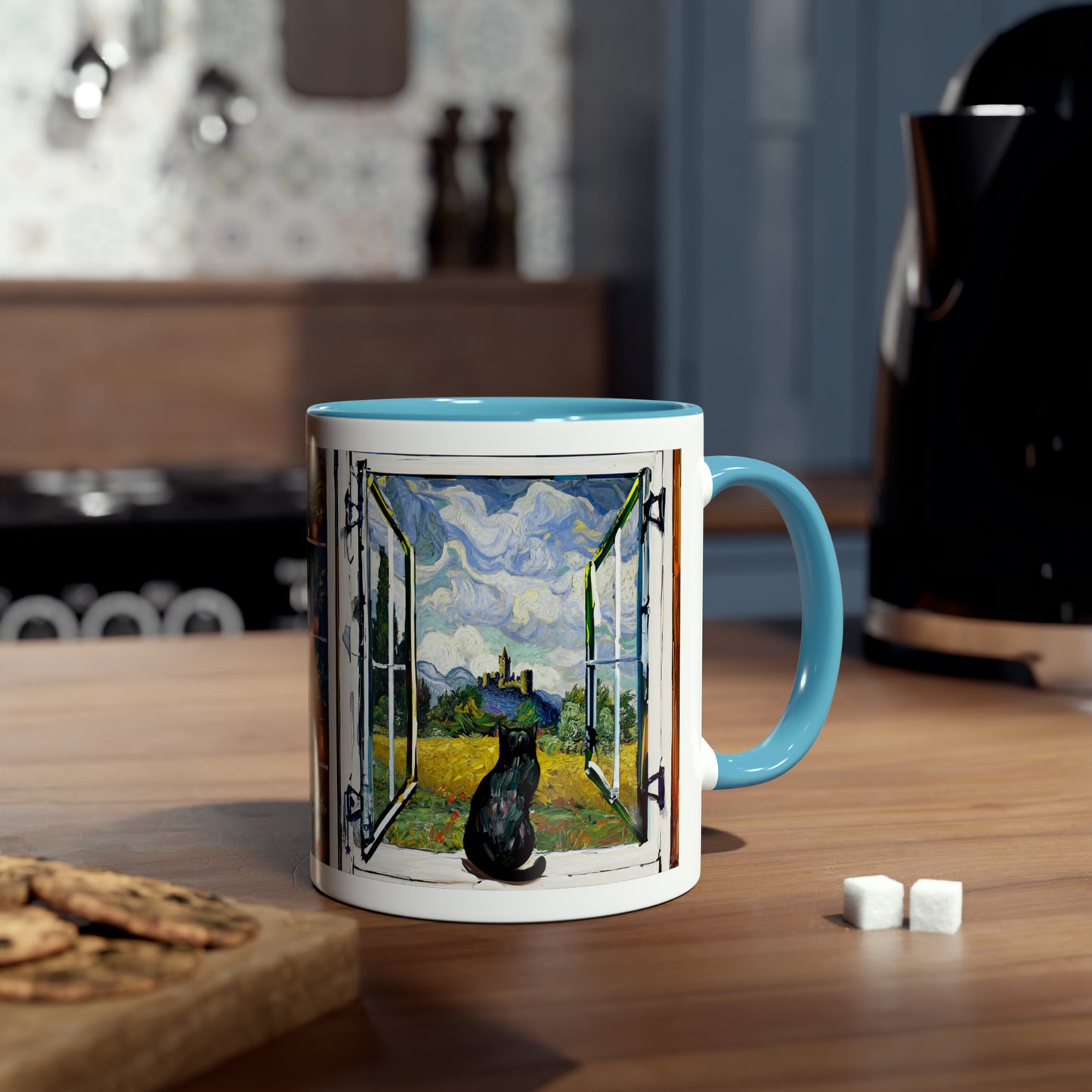 Van Gogh's Wheat Field with Cypresses (1889) - Cat with castle ruin Fine Art Print Two-Tone Coffee Mugs, 11oz