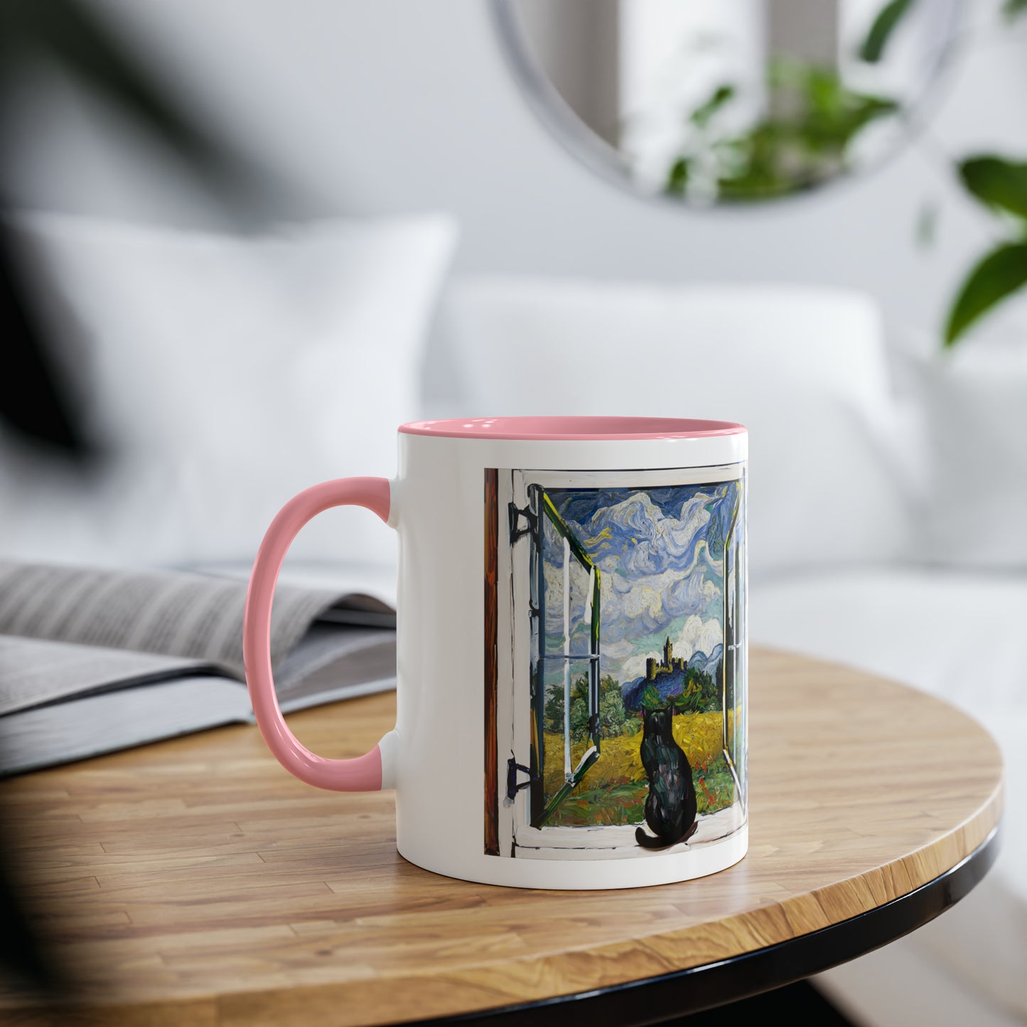 Van Gogh's Wheat Field with Cypresses (1889) - Cat with castle ruin Fine Art Print Two-Tone Coffee Mugs, 11oz