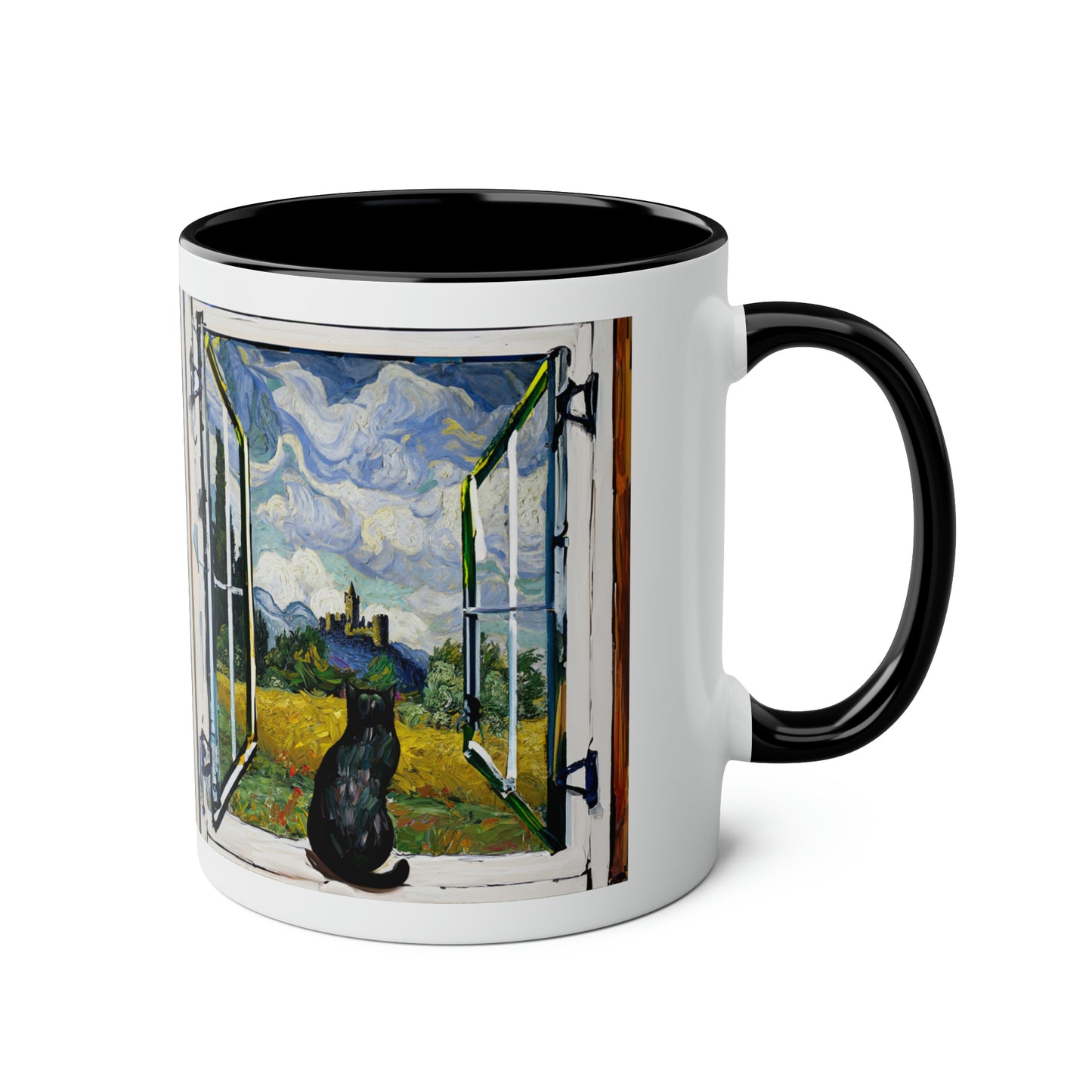 Van Gogh's Wheat Field with Cypresses (1889) - Cat with castle ruin Fine Art Print Two-Tone Coffee Mugs, 11oz