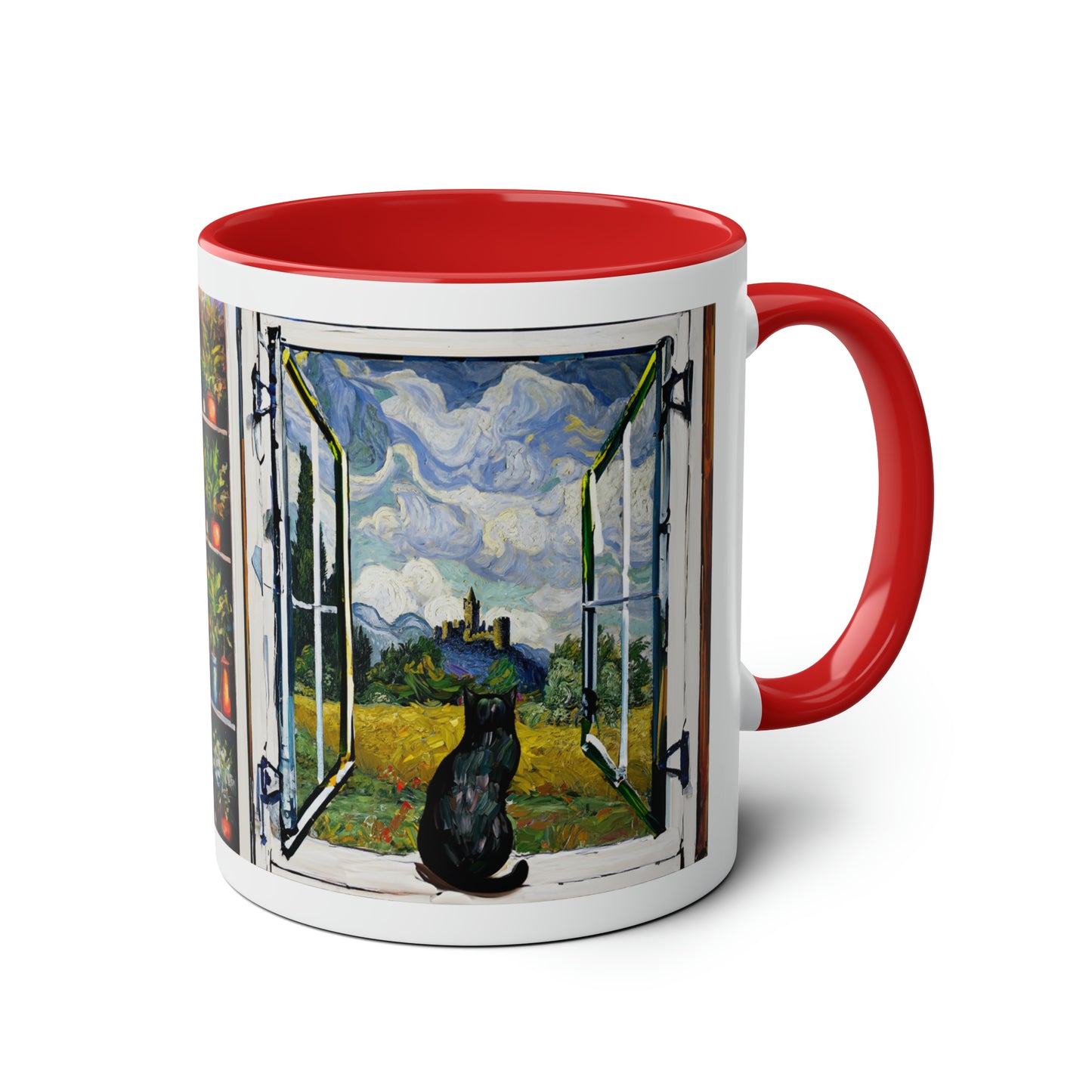 Van Gogh's Wheat Field with Cypresses (1889) - Cat with castle ruin Fine Art Print Two-Tone Coffee Mugs, 11oz