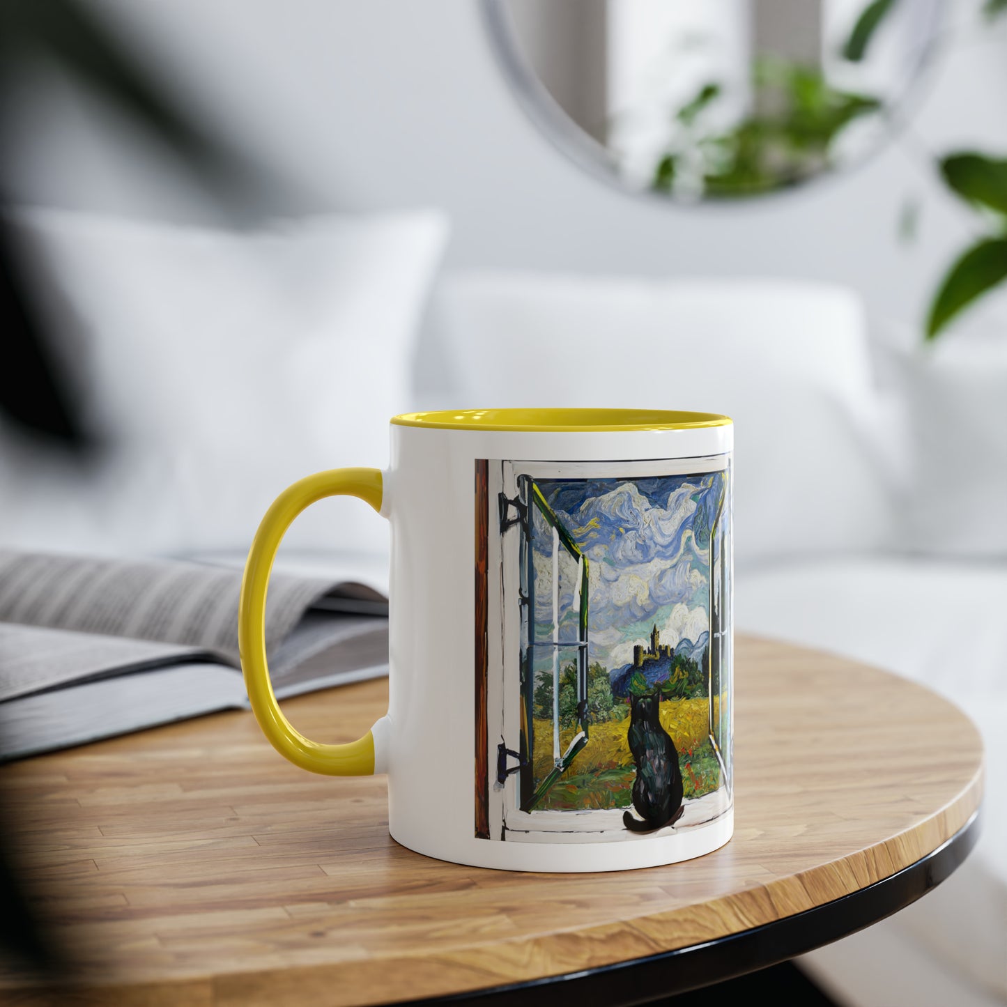 Van Gogh's Wheat Field with Cypresses (1889) - Cat with castle ruin Fine Art Print Two-Tone Coffee Mugs, 11oz