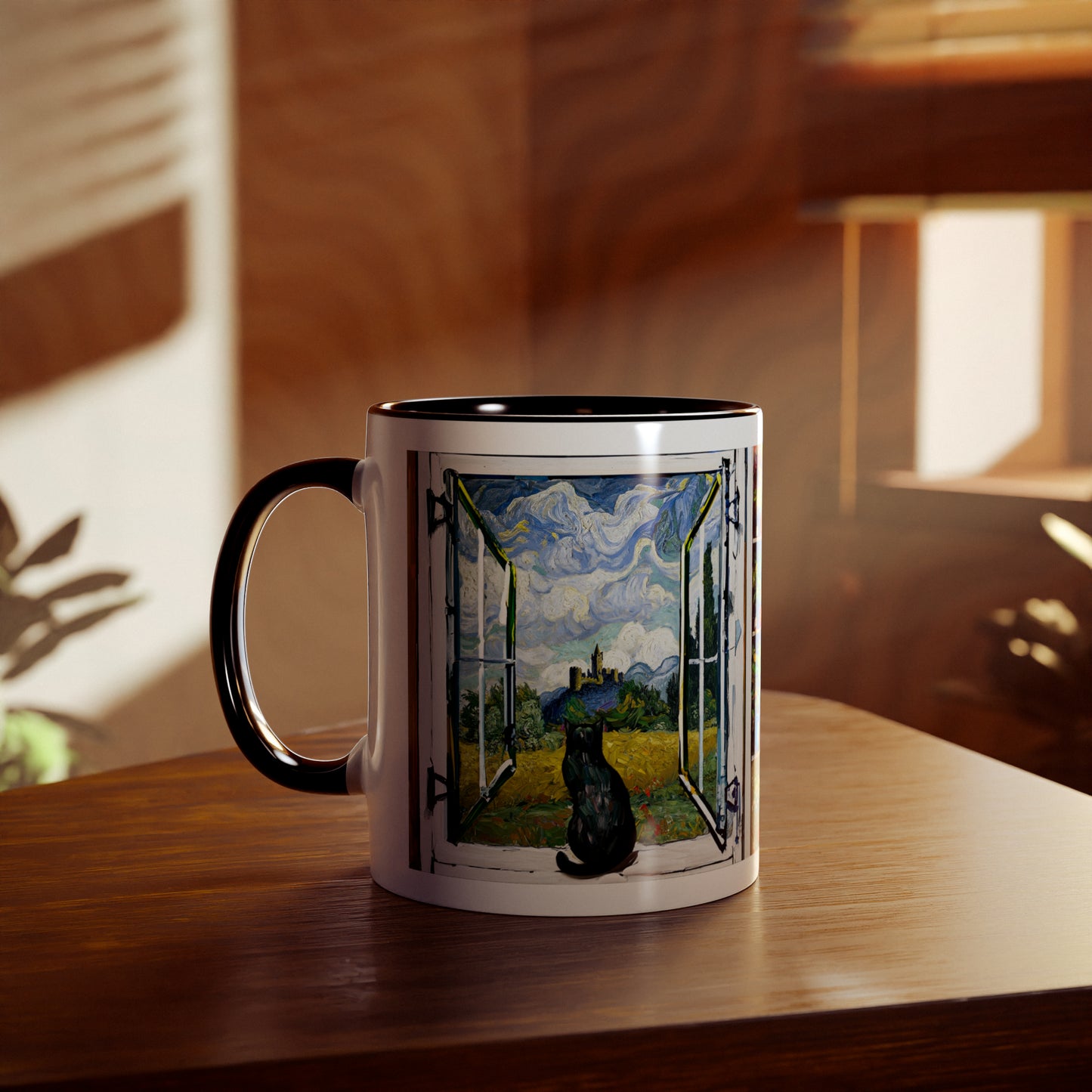 Van Gogh's Wheat Field with Cypresses (1889) - Cat with castle ruin Fine Art Print Two-Tone Coffee Mugs, 11oz