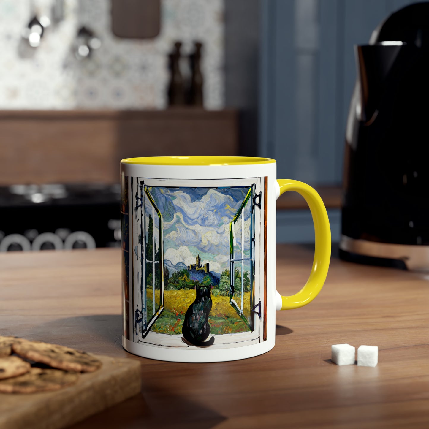 Van Gogh's Wheat Field with Cypresses (1889) - Cat with castle ruin Fine Art Print Two-Tone Coffee Mugs, 11oz