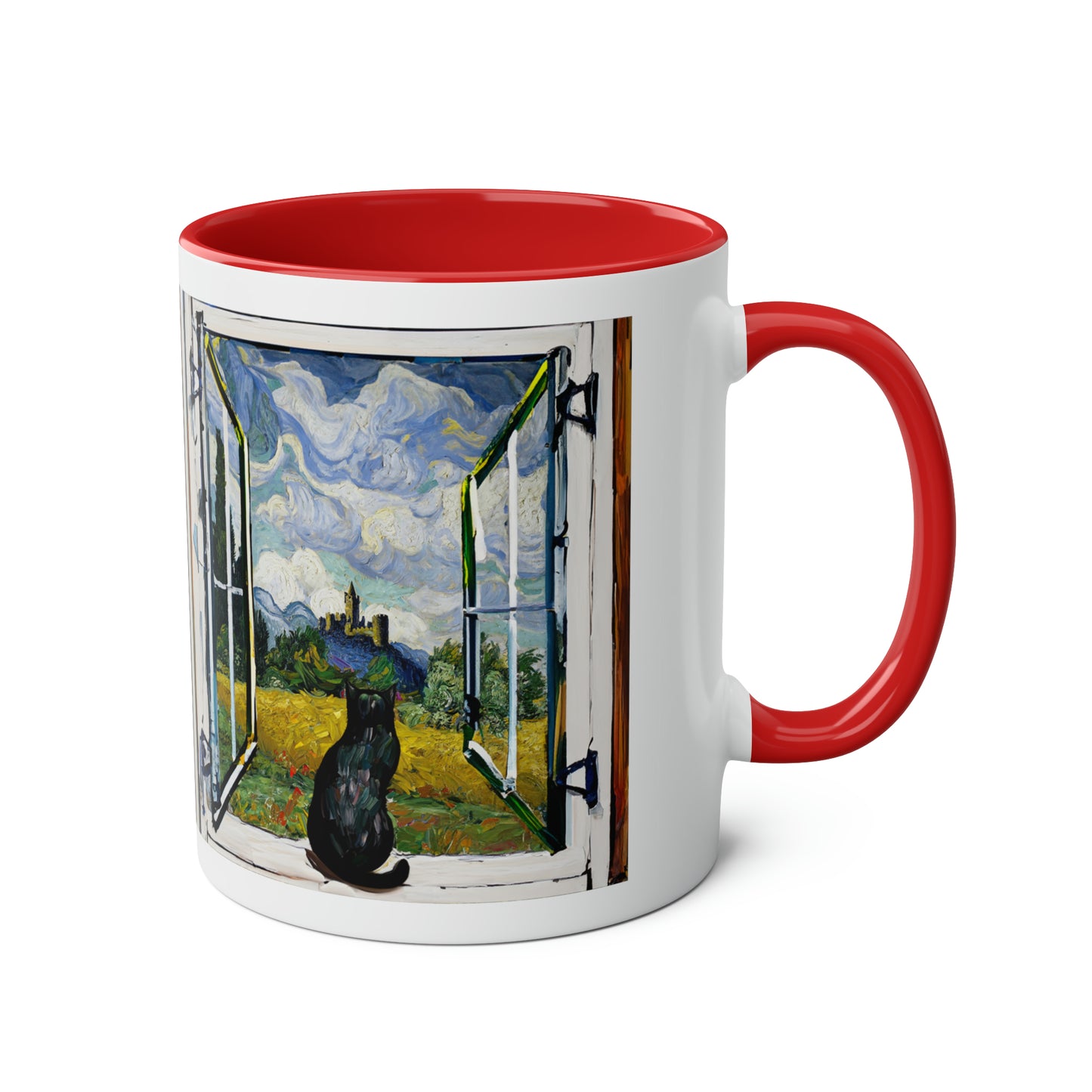 Van Gogh's Wheat Field with Cypresses (1889) - Cat with castle ruin Fine Art Print Two-Tone Coffee Mugs, 11oz