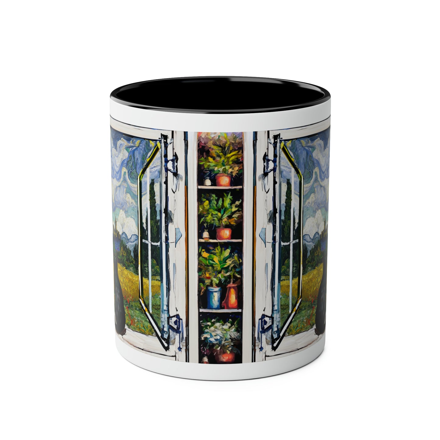Van Gogh's Wheat Field with Cypresses (1889) - Cat with castle ruin Fine Art Print Two-Tone Coffee Mugs, 11oz