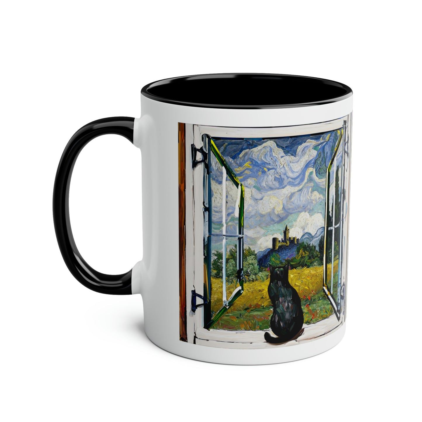Van Gogh's Wheat Field with Cypresses (1889) - Cat with castle ruin Fine Art Print Two-Tone Coffee Mugs, 11oz