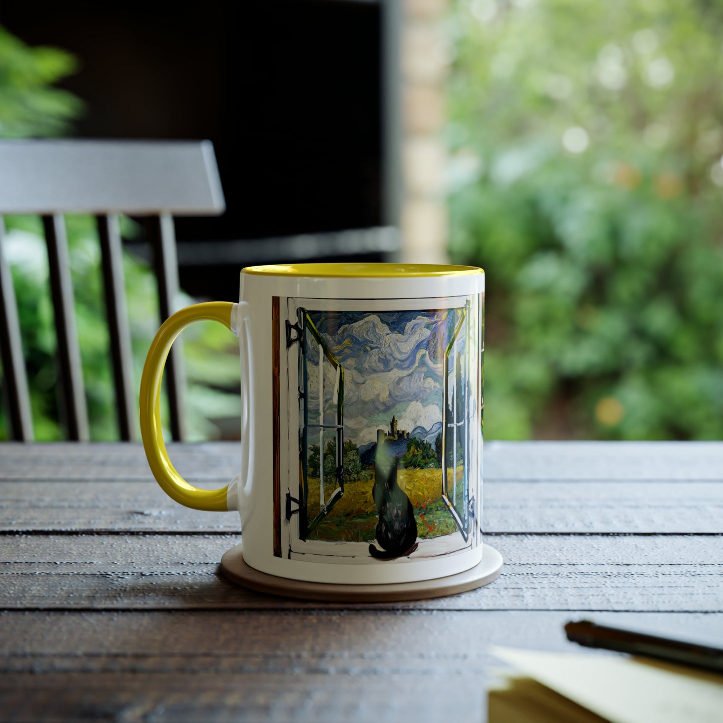 Van Gogh's Wheat Field with Cypresses (1889) - Cat with castle ruin Fine Art Print Two-Tone Coffee Mugs, 11oz