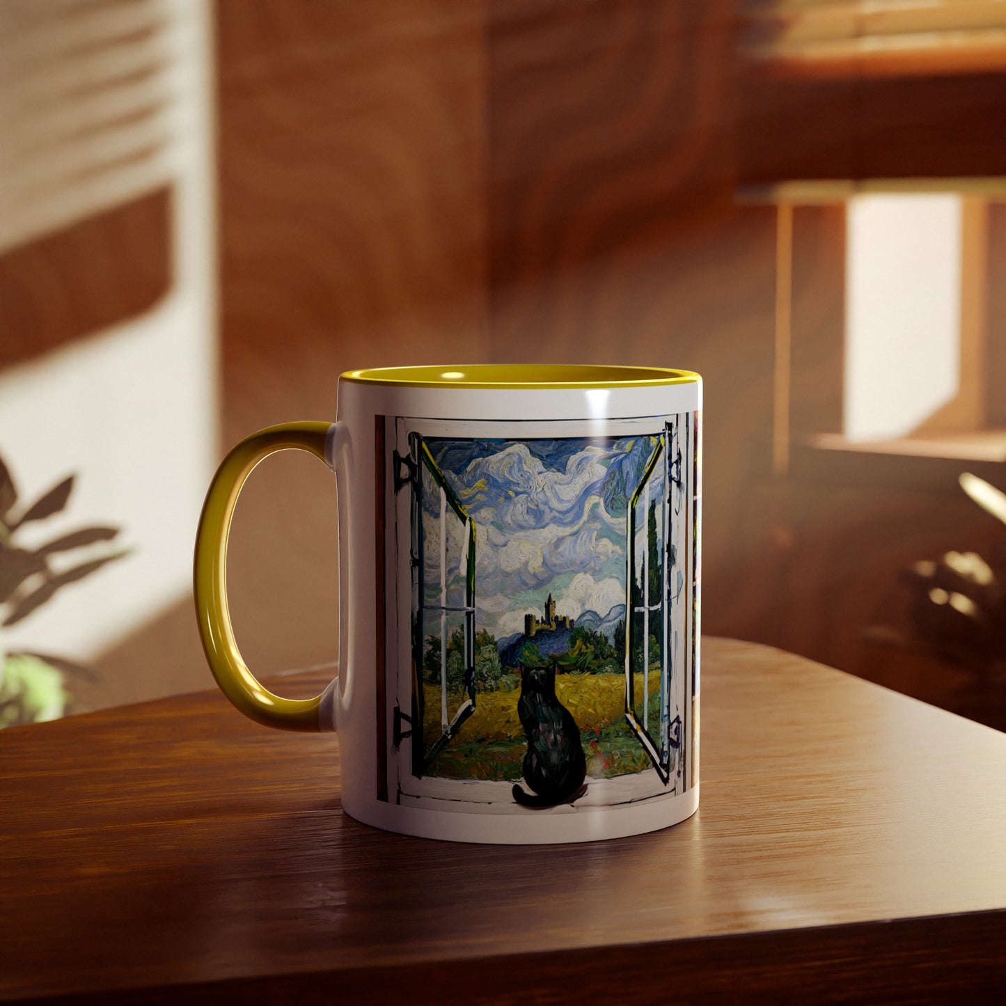 Van Gogh's Wheat Field with Cypresses (1889) - Cat with castle ruin Fine Art Print Two-Tone Coffee Mugs, 11oz