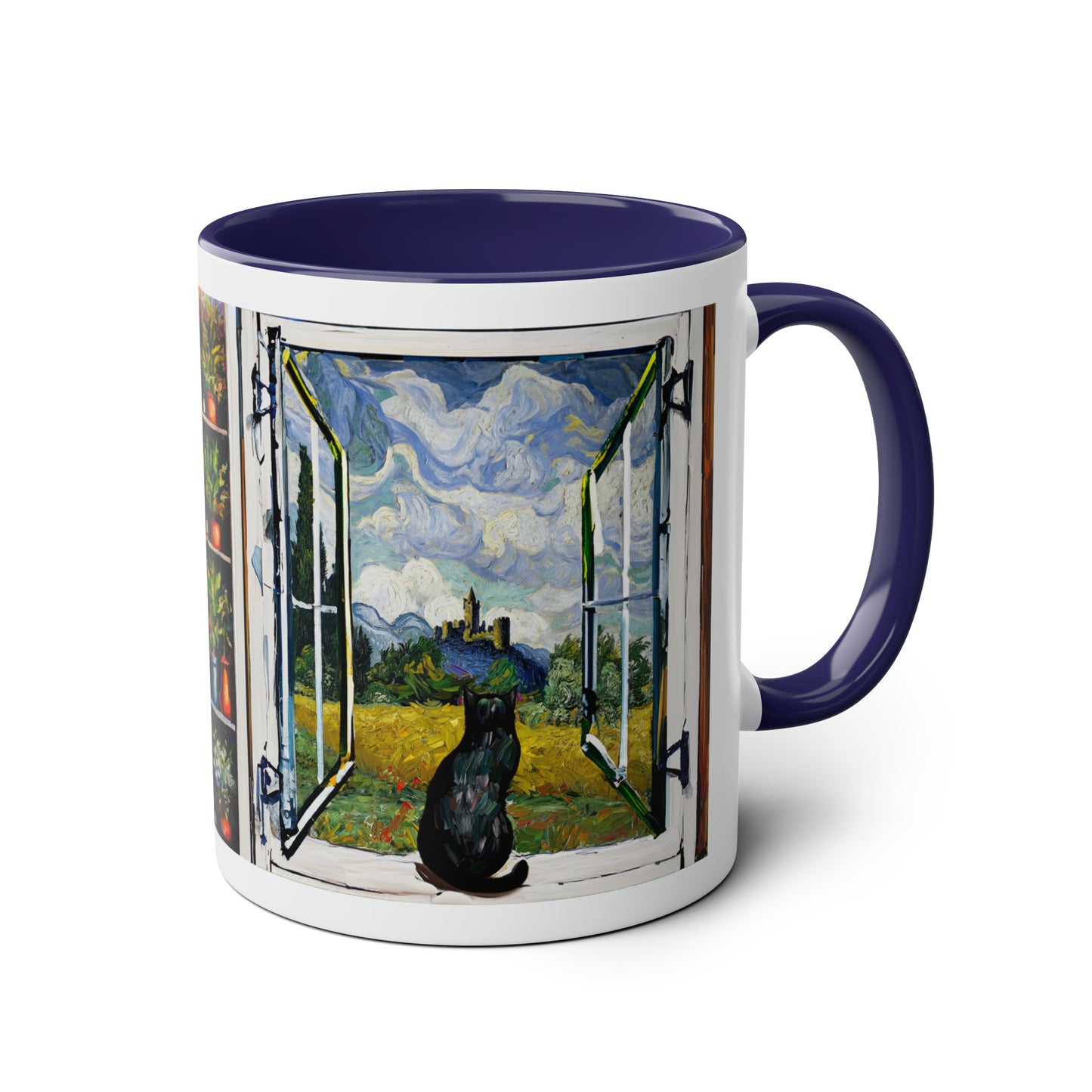 Van Gogh's Wheat Field with Cypresses (1889) - Cat with castle ruin Fine Art Print Two-Tone Coffee Mugs, 11oz
