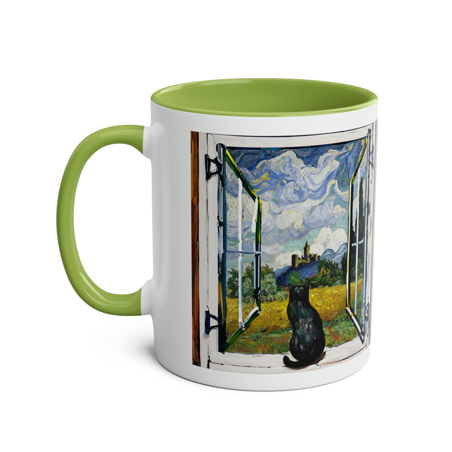 Van Gogh's Wheat Field with Cypresses (1889) - Cat with castle ruin Fine Art Print Two-Tone Coffee Mugs, 11oz
