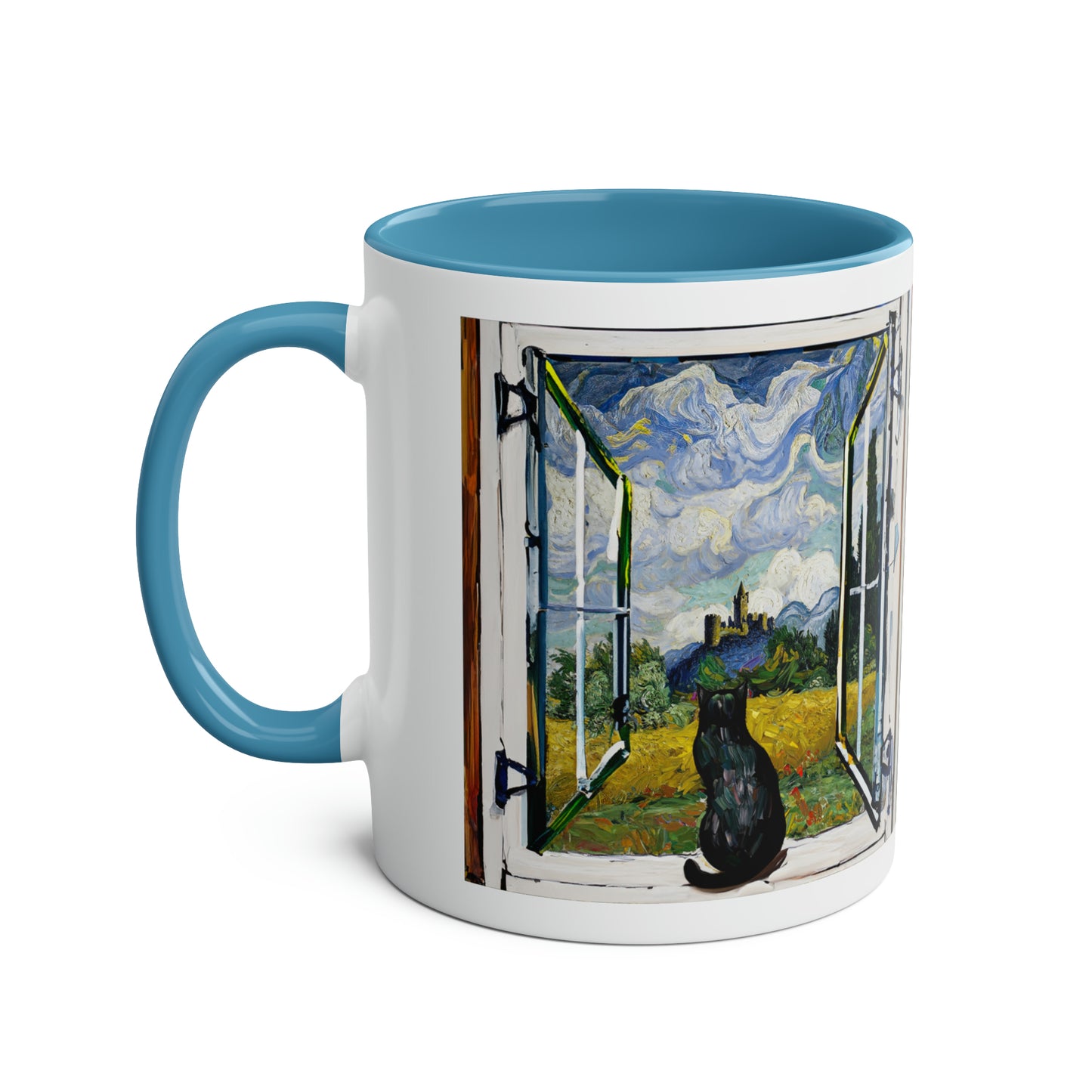 Van Gogh's Wheat Field with Cypresses (1889) - Cat with castle ruin Fine Art Print Two-Tone Coffee Mugs, 11oz