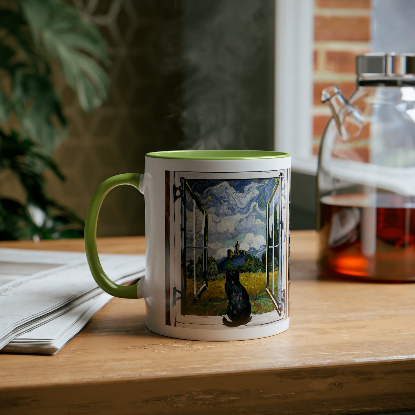 Van Gogh's Wheat Field with Cypresses (1889) - Cat with castle ruin Fine Art Print Two-Tone Coffee Mugs, 11oz