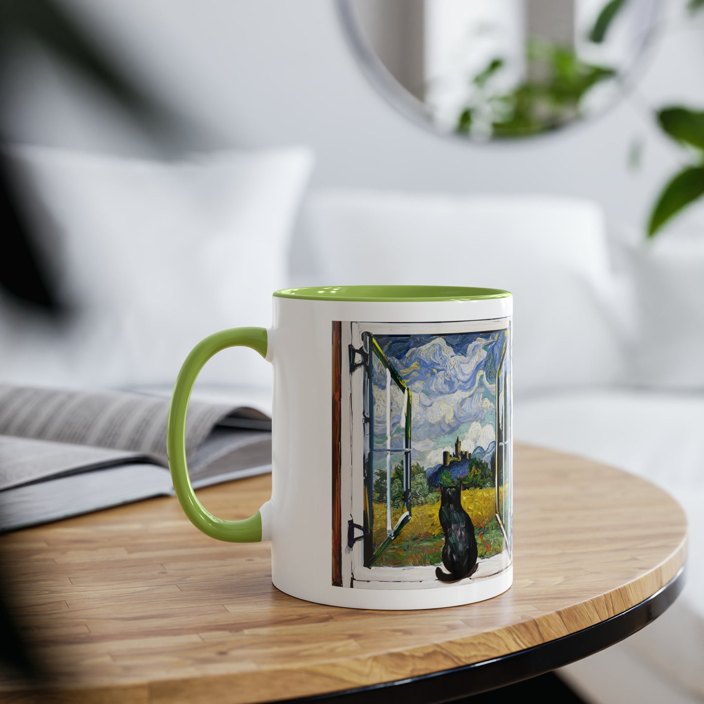 Van Gogh's Wheat Field with Cypresses (1889) - Cat with castle ruin Fine Art Print Two-Tone Coffee Mugs, 11oz