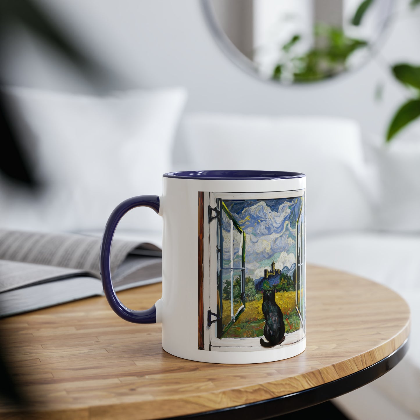 Van Gogh's Wheat Field with Cypresses (1889) - Cat with castle ruin Fine Art Print Two-Tone Coffee Mugs, 11oz
