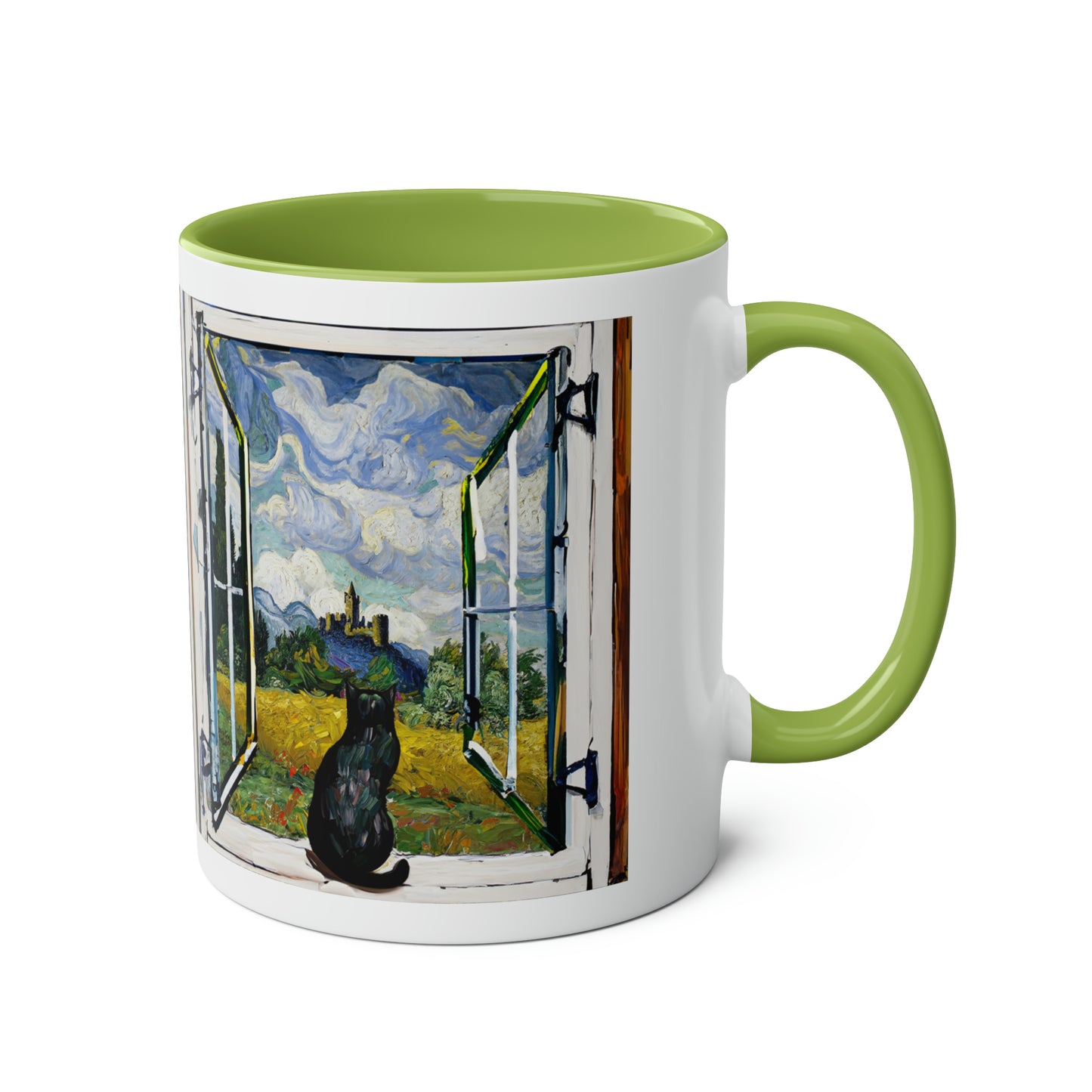 Van Gogh's Wheat Field with Cypresses (1889) - Cat with castle ruin Fine Art Print Two-Tone Coffee Mugs, 11oz