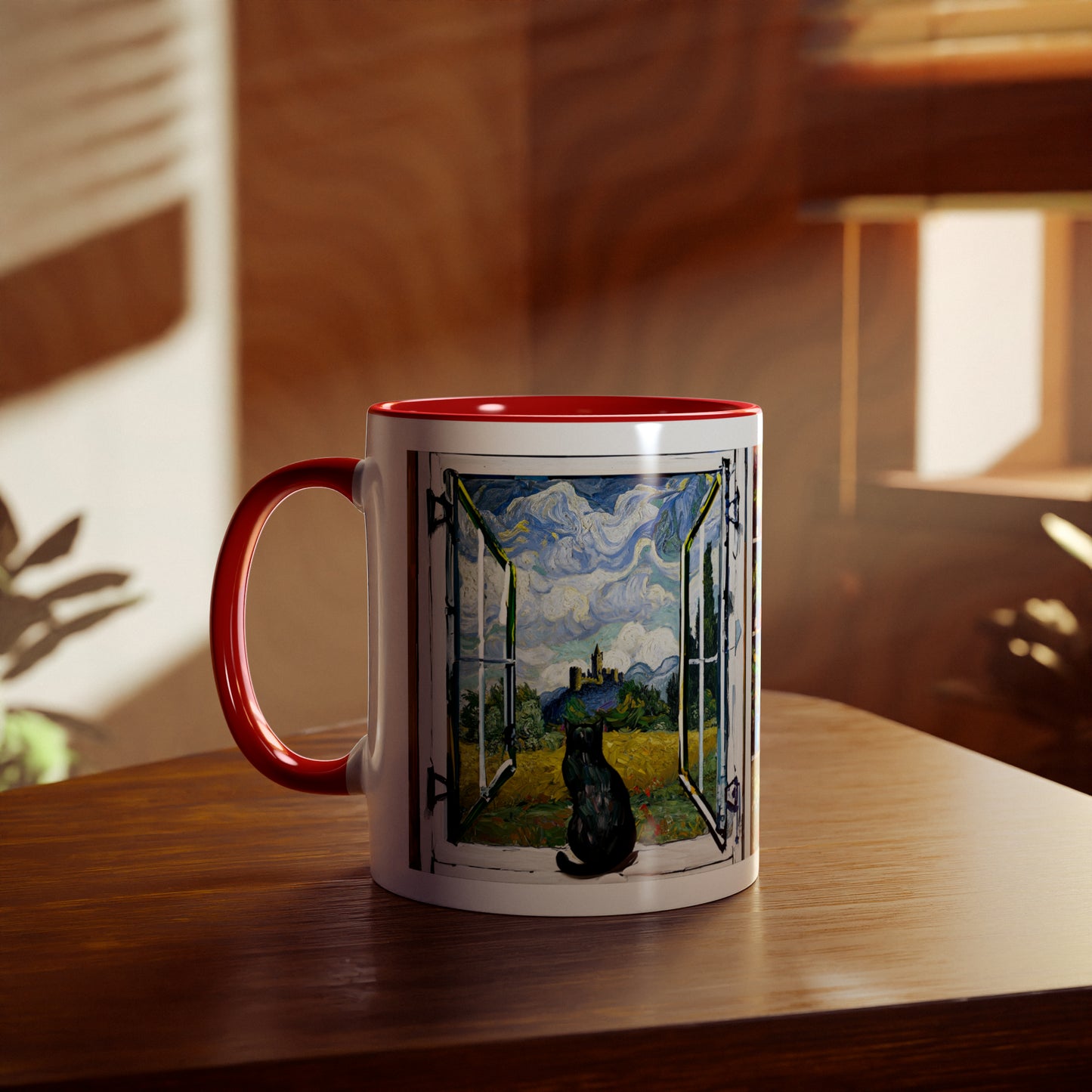 Van Gogh's Wheat Field with Cypresses (1889) - Cat with castle ruin Fine Art Print Two-Tone Coffee Mugs, 11oz