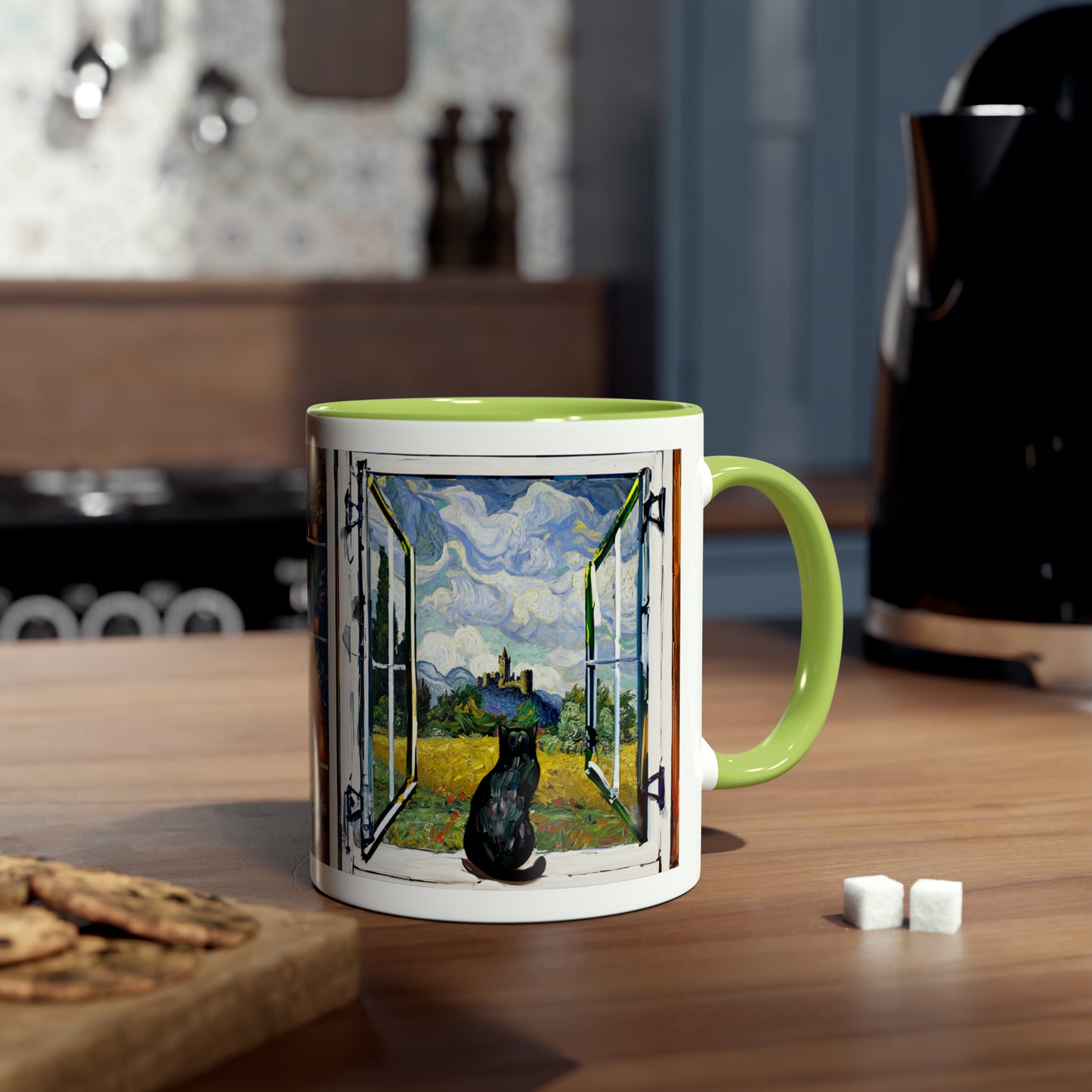 Van Gogh's Wheat Field with Cypresses (1889) - Cat with castle ruin Fine Art Print Two-Tone Coffee Mugs, 11oz