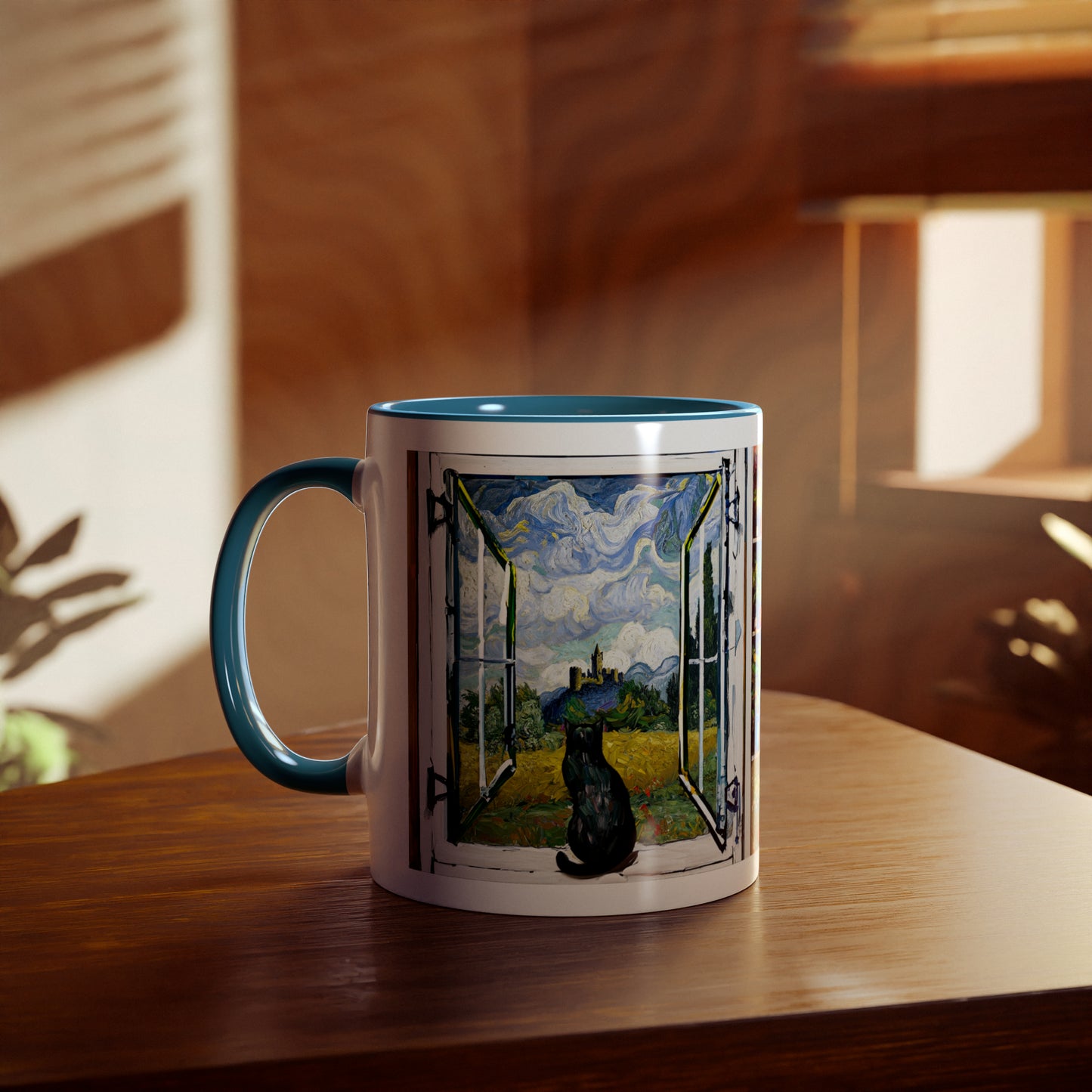 Van Gogh's Wheat Field with Cypresses (1889) - Cat with castle ruin Fine Art Print Two-Tone Coffee Mugs, 11oz
