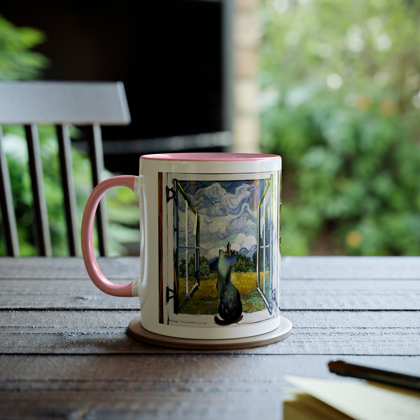Van Gogh's Wheat Field with Cypresses (1889) - Cat with castle ruin Fine Art Print Two-Tone Coffee Mugs, 11oz