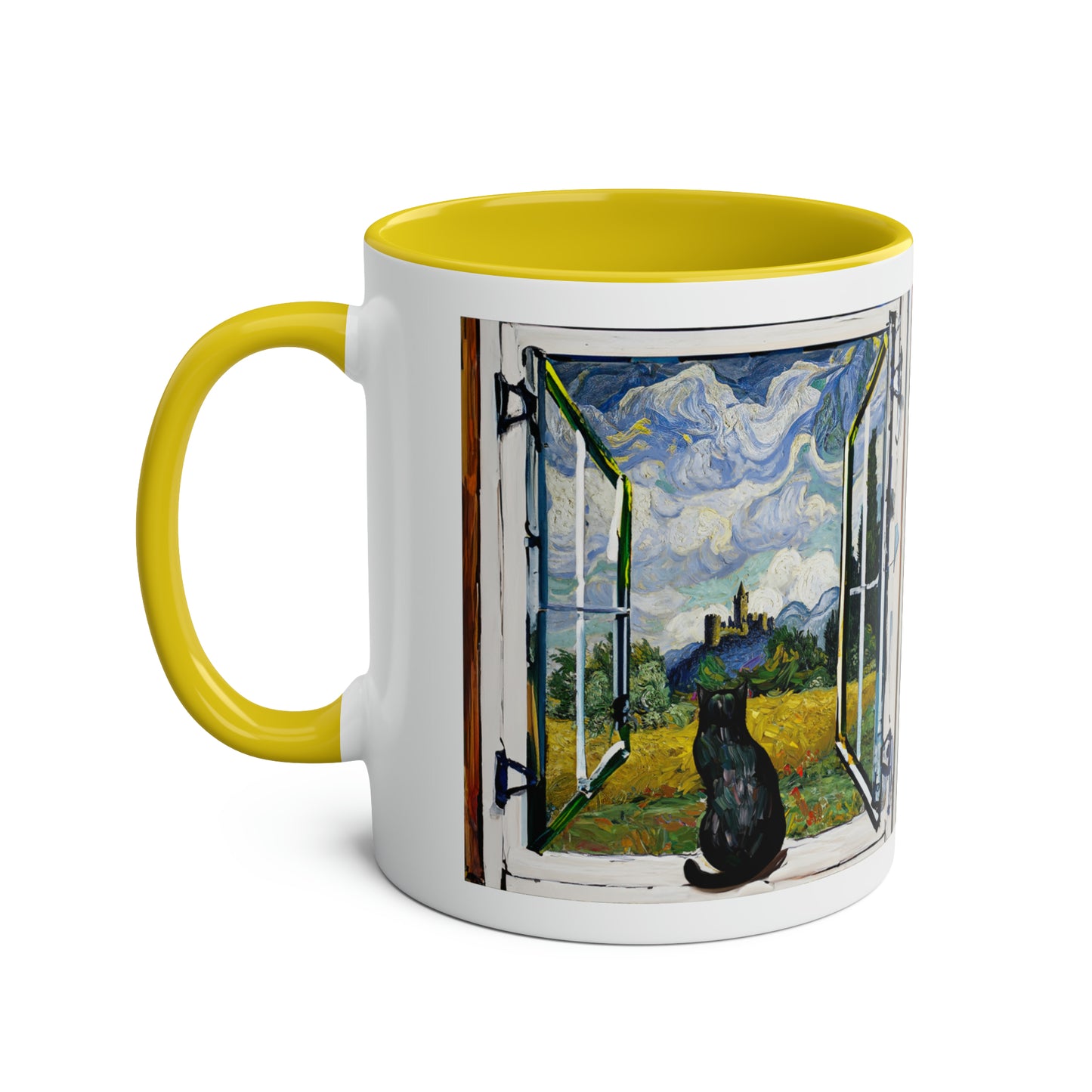Van Gogh's Wheat Field with Cypresses (1889) - Cat with castle ruin Fine Art Print Two-Tone Coffee Mugs, 11oz