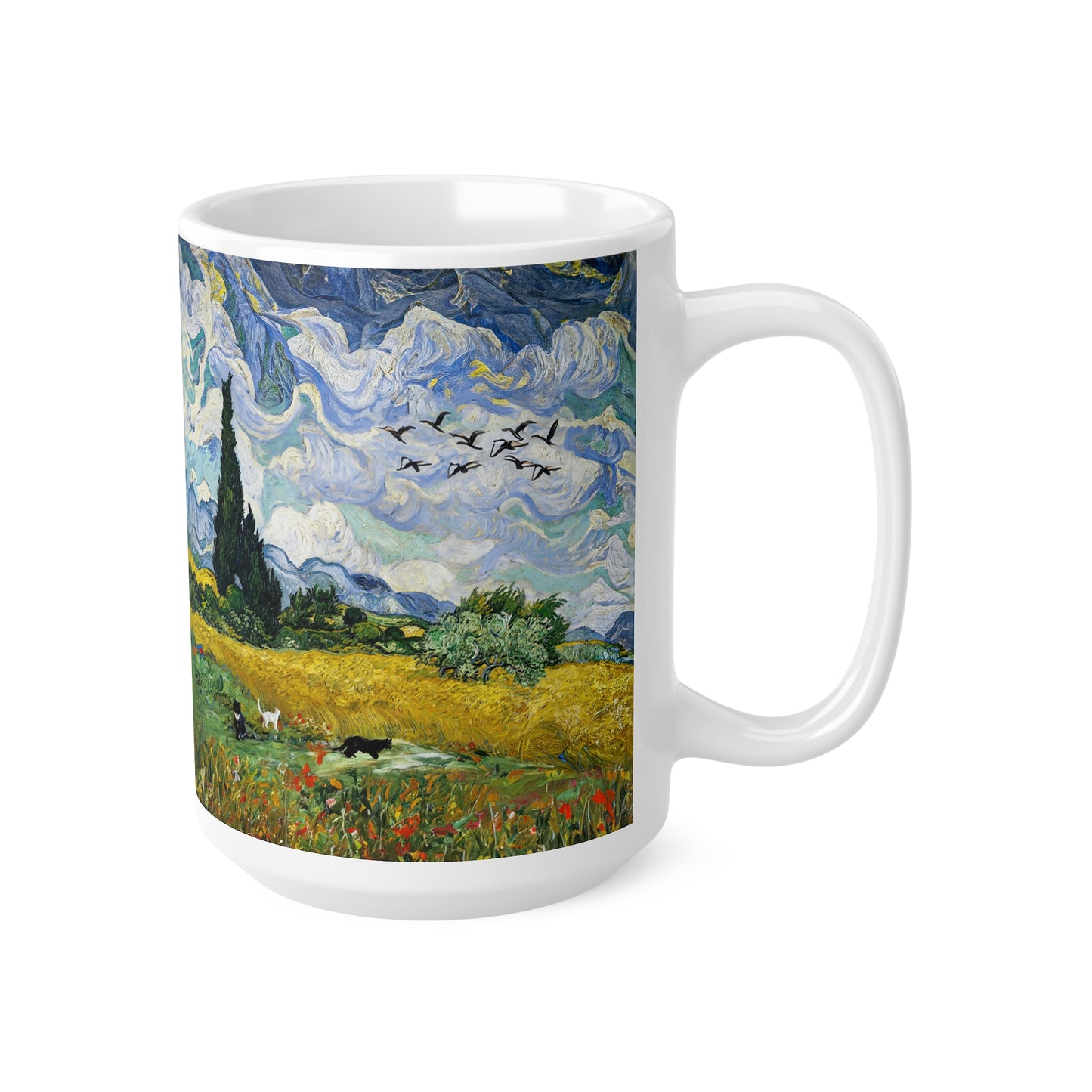 Van Gogh's Wheat Field with Cypresses (1889) - Birds Fine Art Print Ceramic Coffee Mugs, 11oz, 15oz