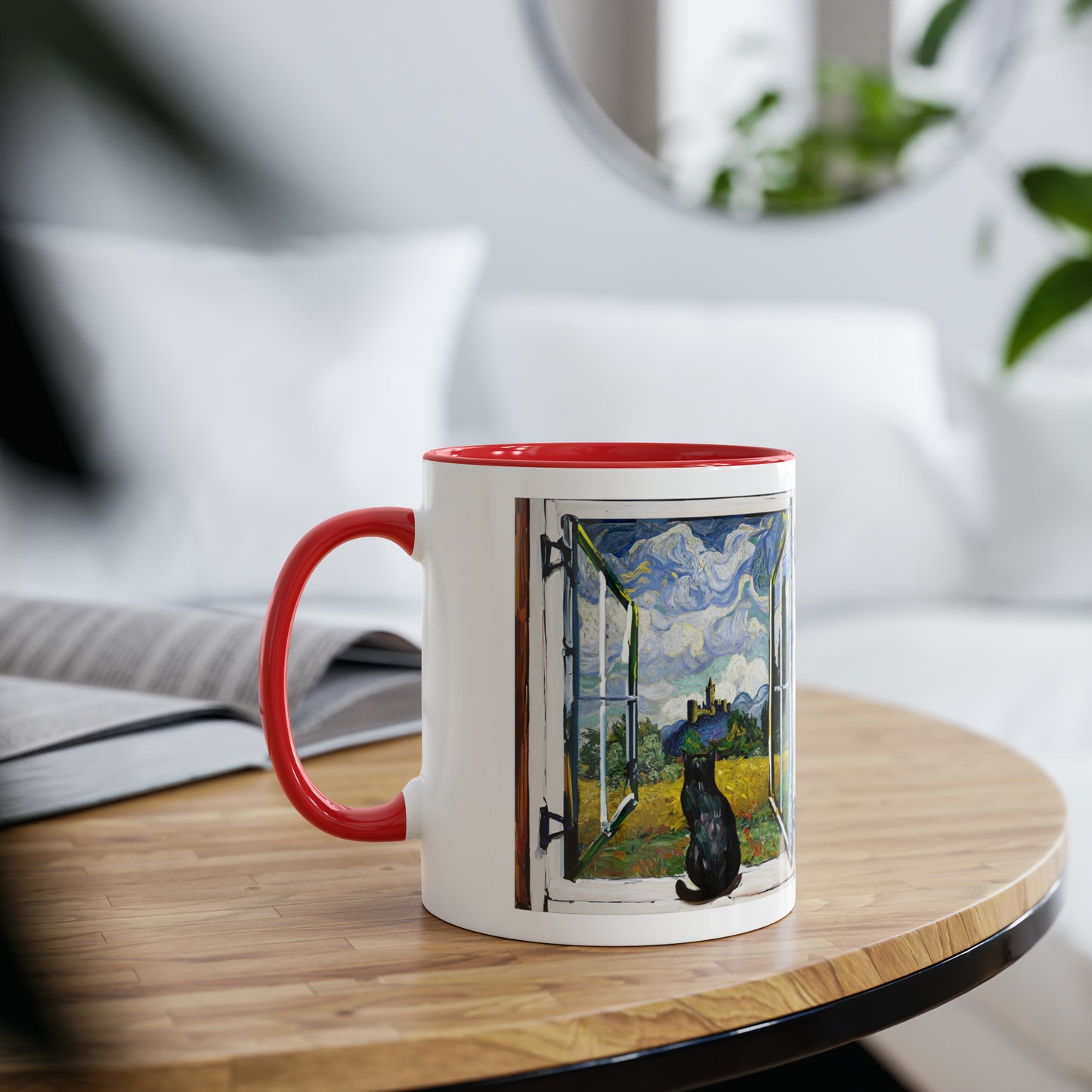 Van Gogh's Wheat Field with Cypresses (1889) - Cat with castle ruin Fine Art Print Two-Tone Coffee Mugs, 11oz