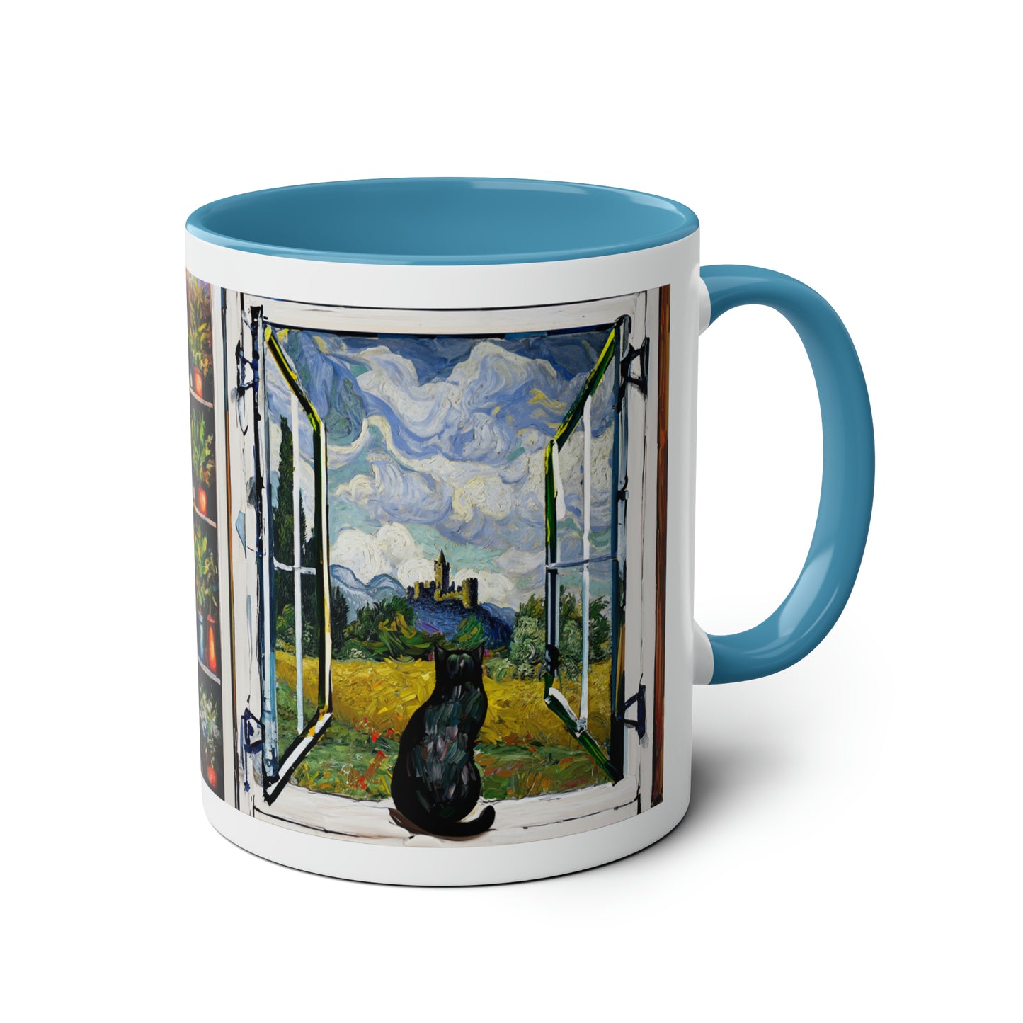 Van Gogh's Wheat Field with Cypresses (1889) - Cat with castle ruin Fine Art Print Two-Tone Coffee Mugs, 11oz