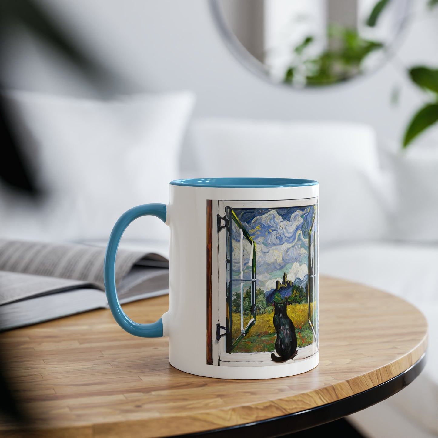 Van Gogh's Wheat Field with Cypresses (1889) - Cat with castle ruin Fine Art Print Two-Tone Coffee Mugs, 11oz