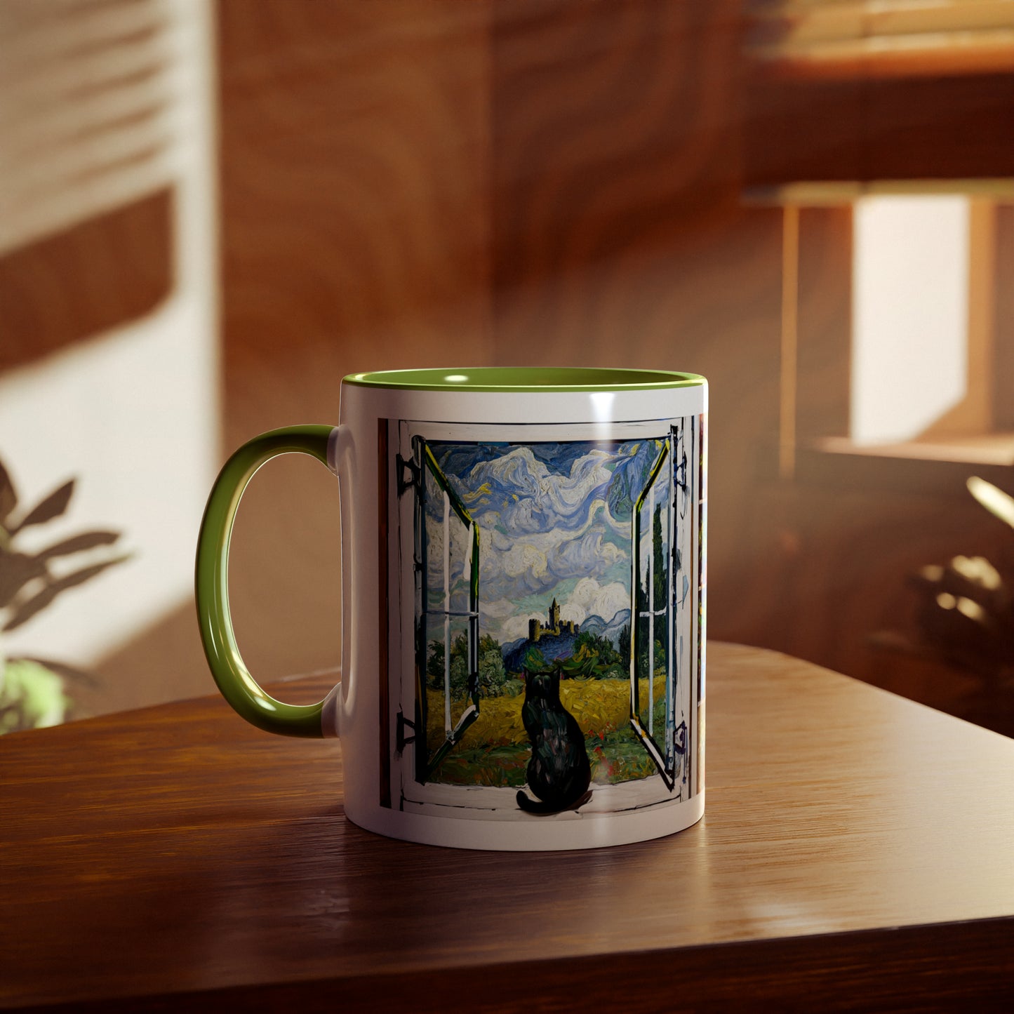 Van Gogh's Wheat Field with Cypresses (1889) - Cat with castle ruin Fine Art Print Two-Tone Coffee Mugs, 11oz
