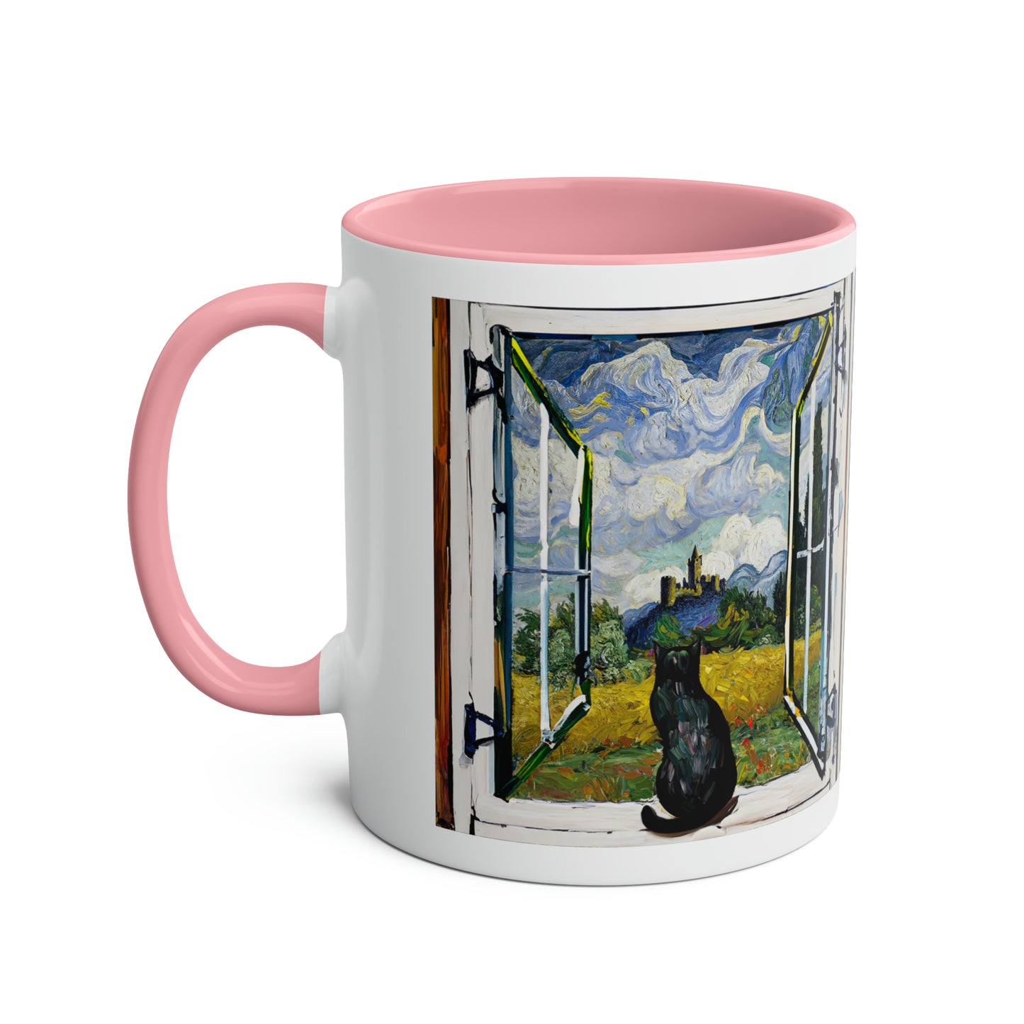 Van Gogh's Wheat Field with Cypresses (1889) - Cat with castle ruin Fine Art Print Two-Tone Coffee Mugs, 11oz