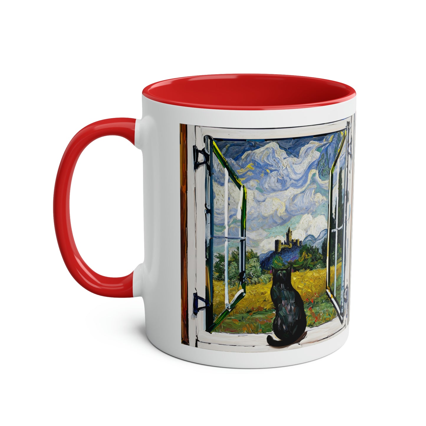 Van Gogh's Wheat Field with Cypresses (1889) - Cat with castle ruin Fine Art Print Two-Tone Coffee Mugs, 11oz