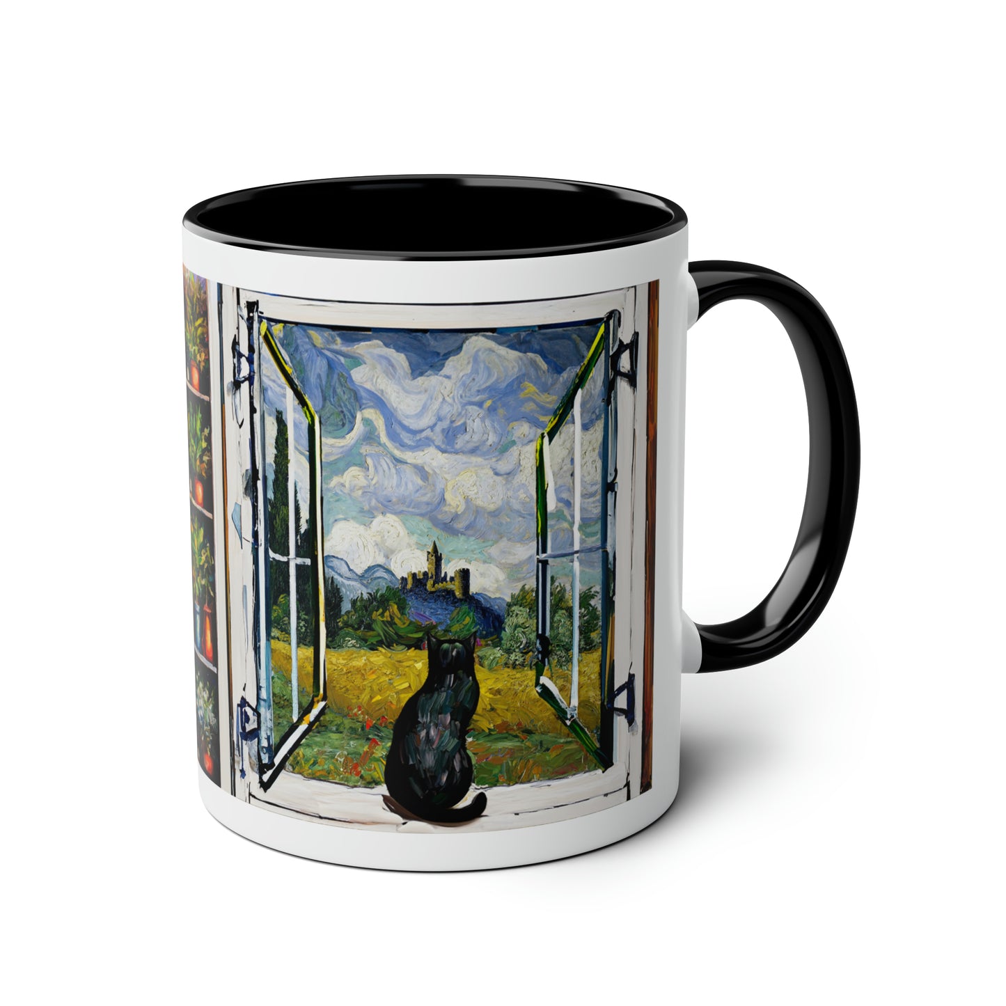 Van Gogh's Wheat Field with Cypresses (1889) - Cat with castle ruin Fine Art Print Two-Tone Coffee Mugs, 11oz