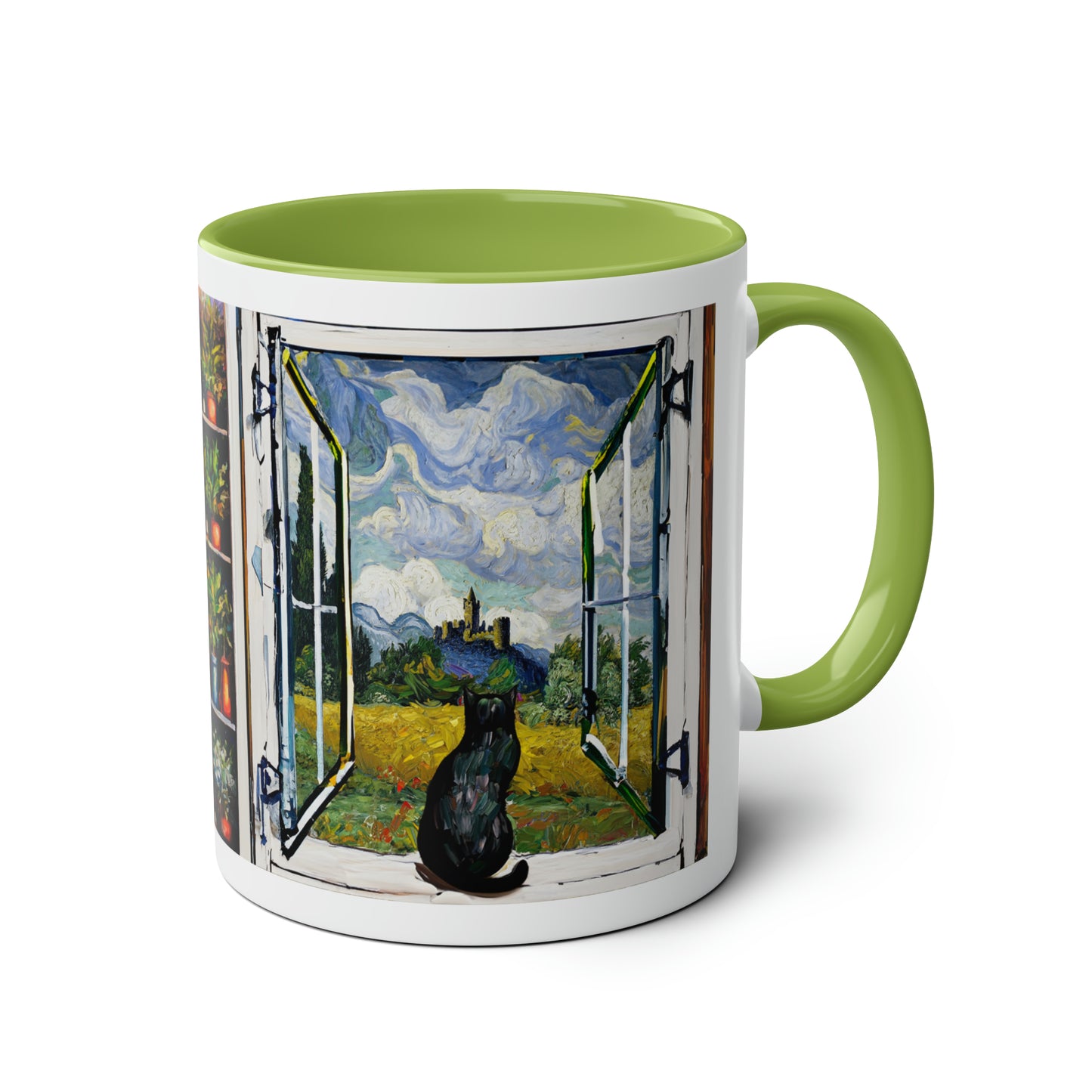 Van Gogh's Wheat Field with Cypresses (1889) - Cat with castle ruin Fine Art Print Two-Tone Coffee Mugs, 11oz