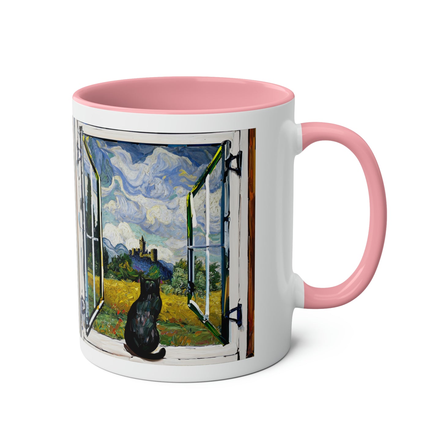 Van Gogh's Wheat Field with Cypresses (1889) - Cat with castle ruin Fine Art Print Two-Tone Coffee Mugs, 11oz