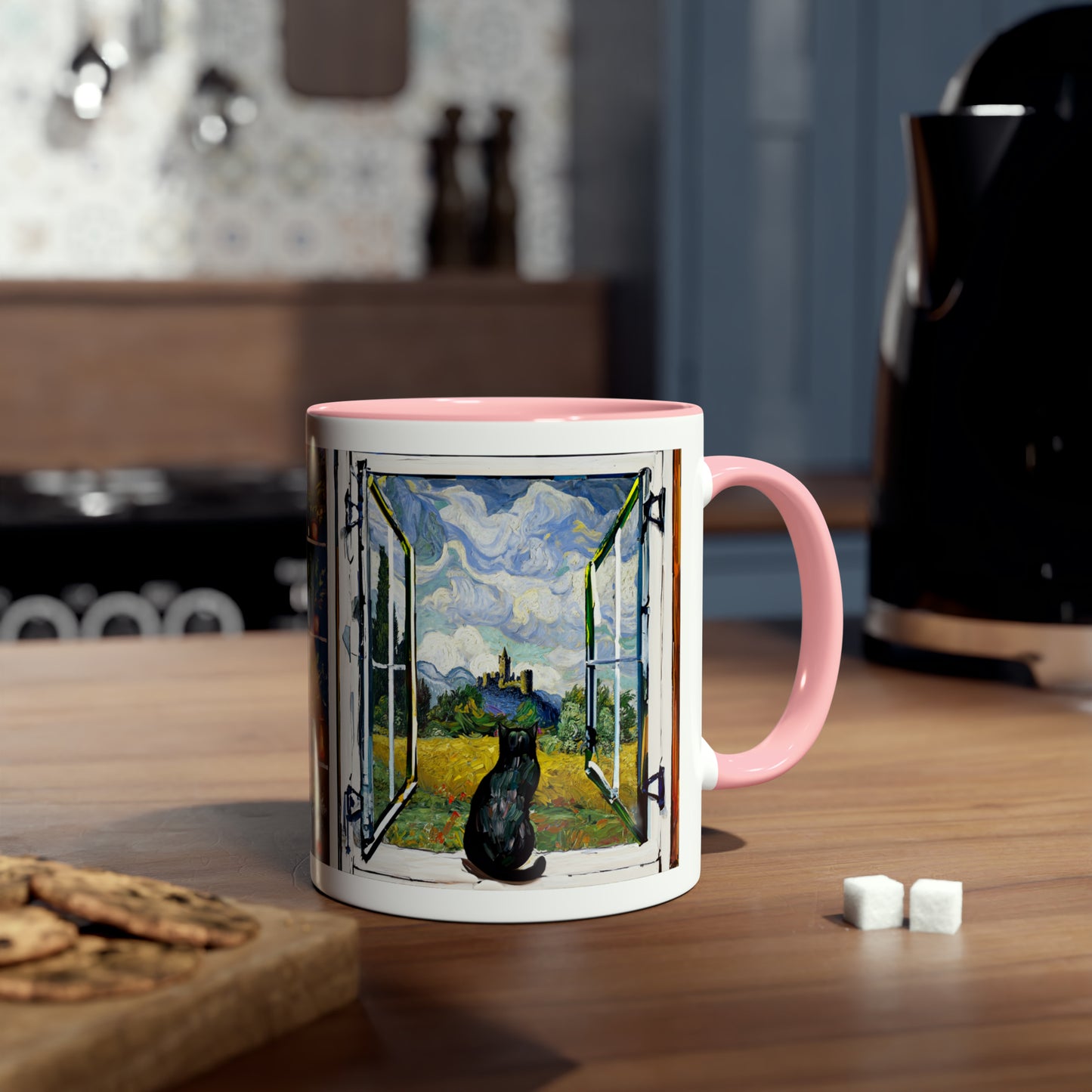 Van Gogh's Wheat Field with Cypresses (1889) - Cat with castle ruin Fine Art Print Two-Tone Coffee Mugs, 11oz