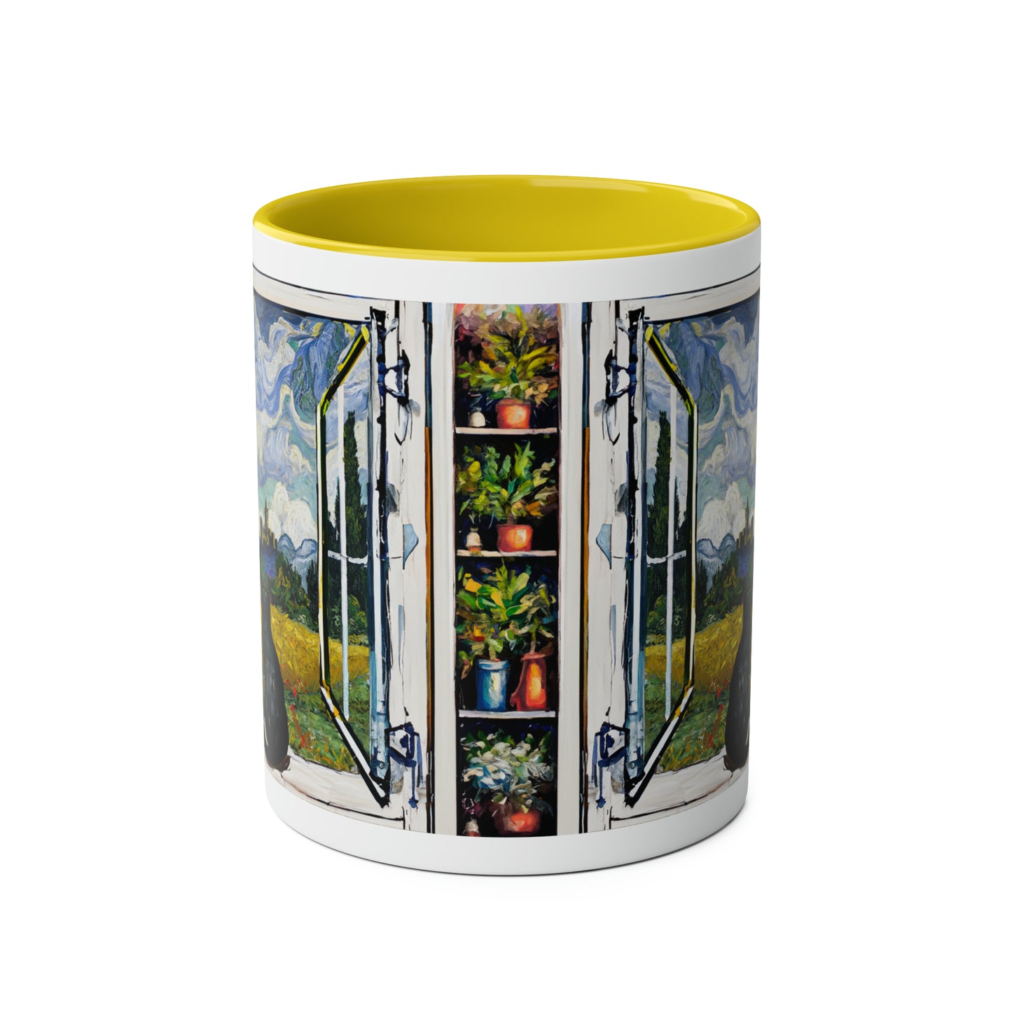 Van Gogh's Wheat Field with Cypresses (1889) - Cat with castle ruin Fine Art Print Two-Tone Coffee Mugs, 11oz